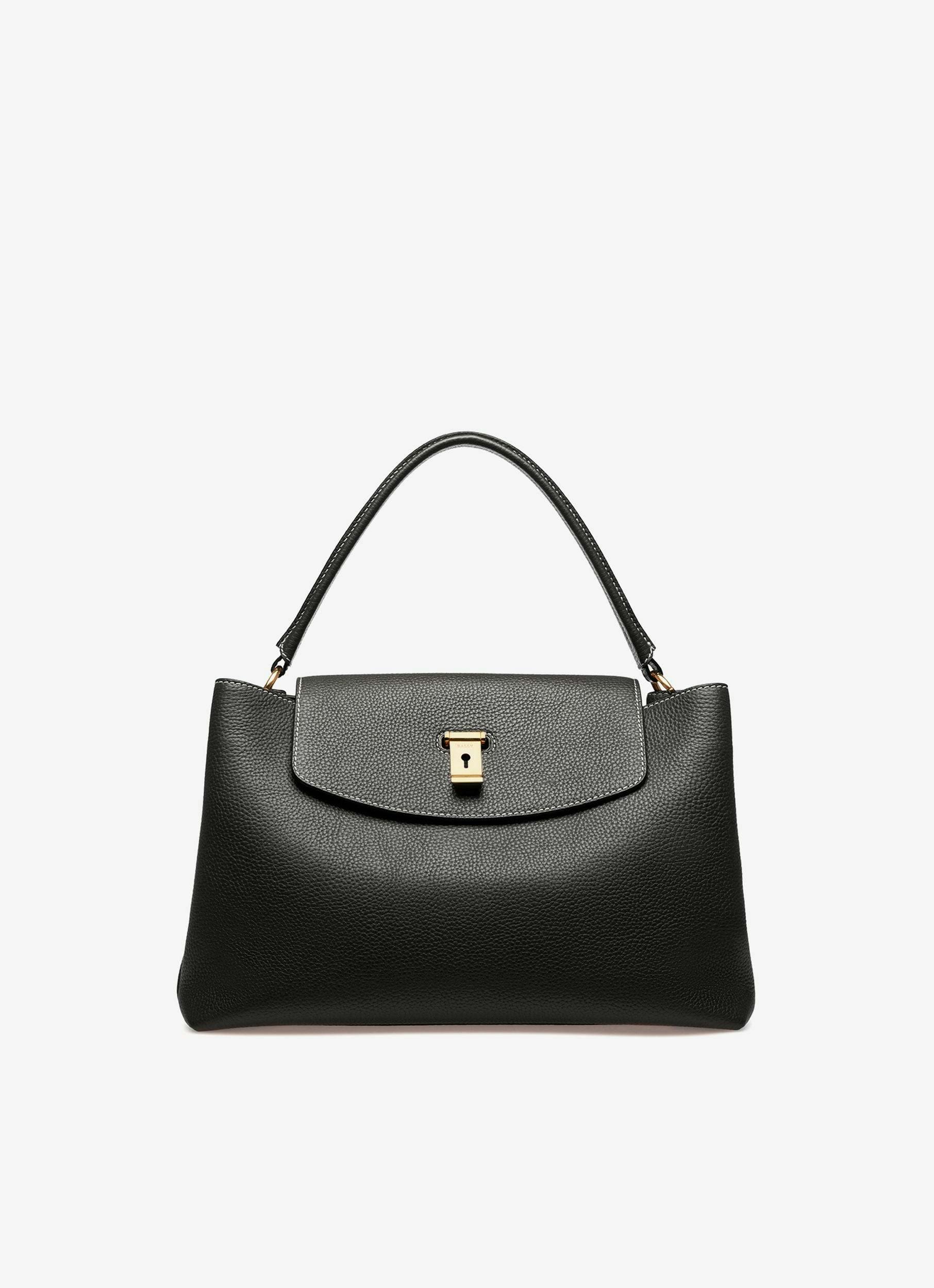 Women's Lock Me Top Handle Bag In Black Leather | Bally | Still Life Front