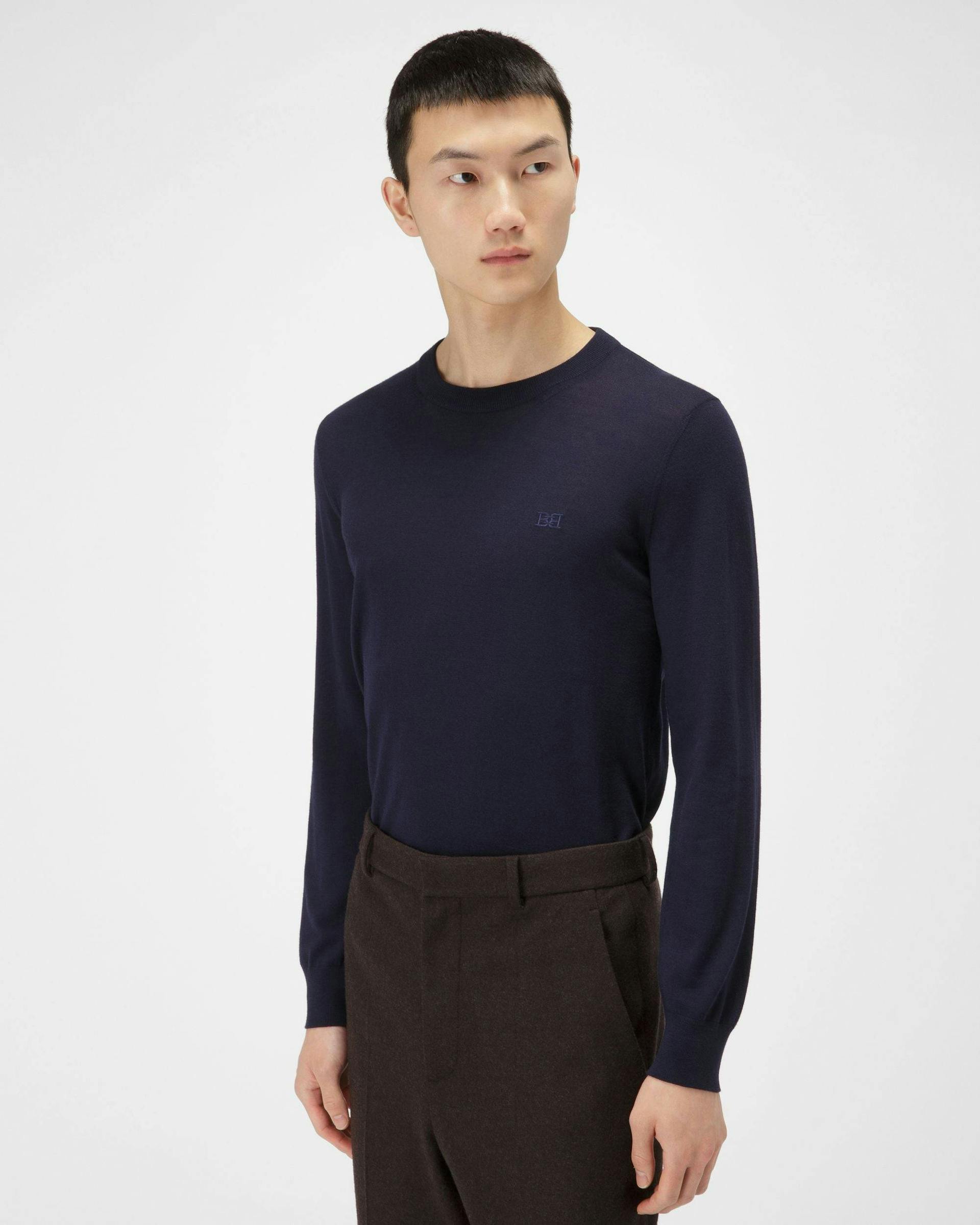 Merino Wool Sweater In Navy - Men's - Bally - 01