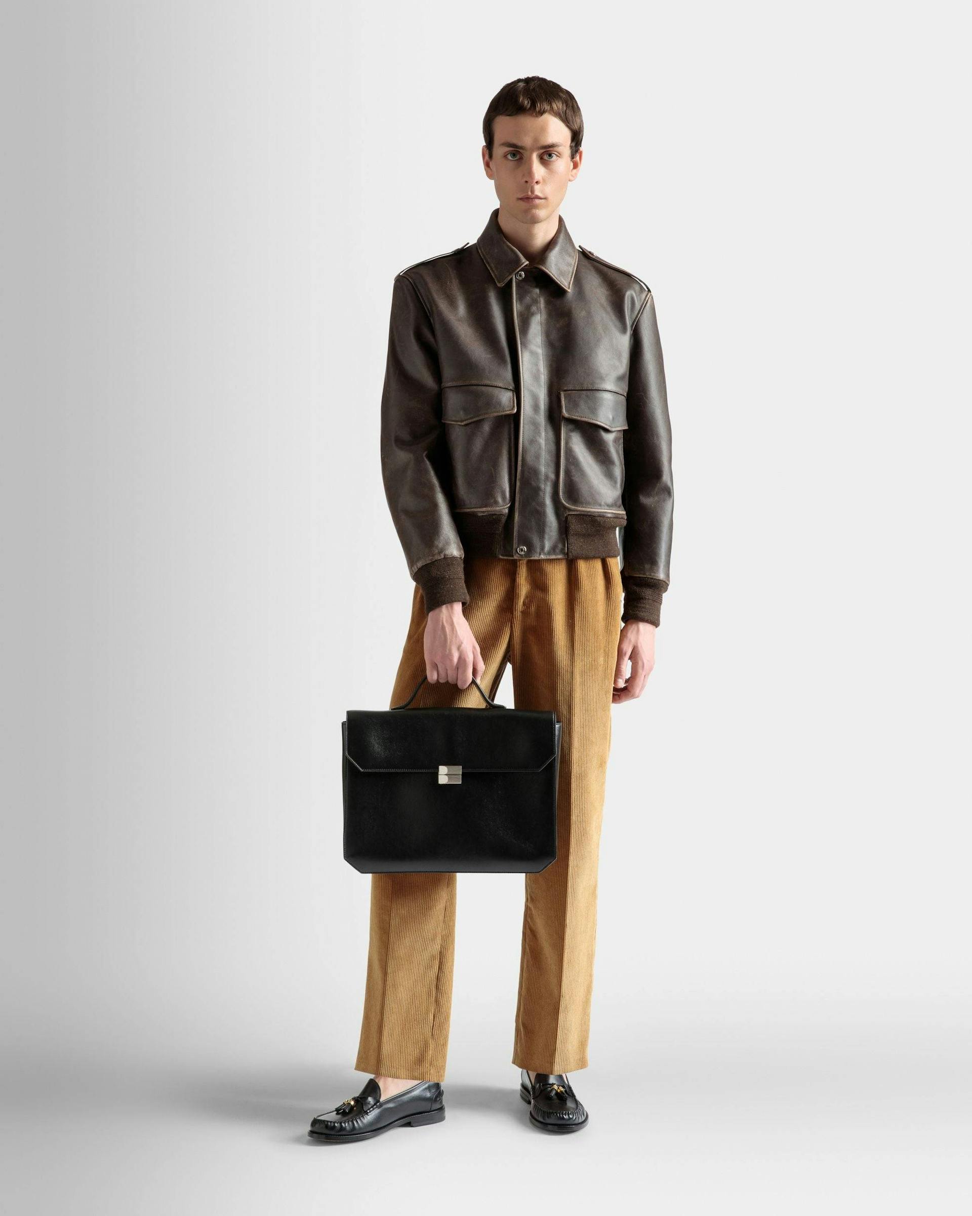 Men's Banque Business Bag In Black Leather | Bally | On Model Front
