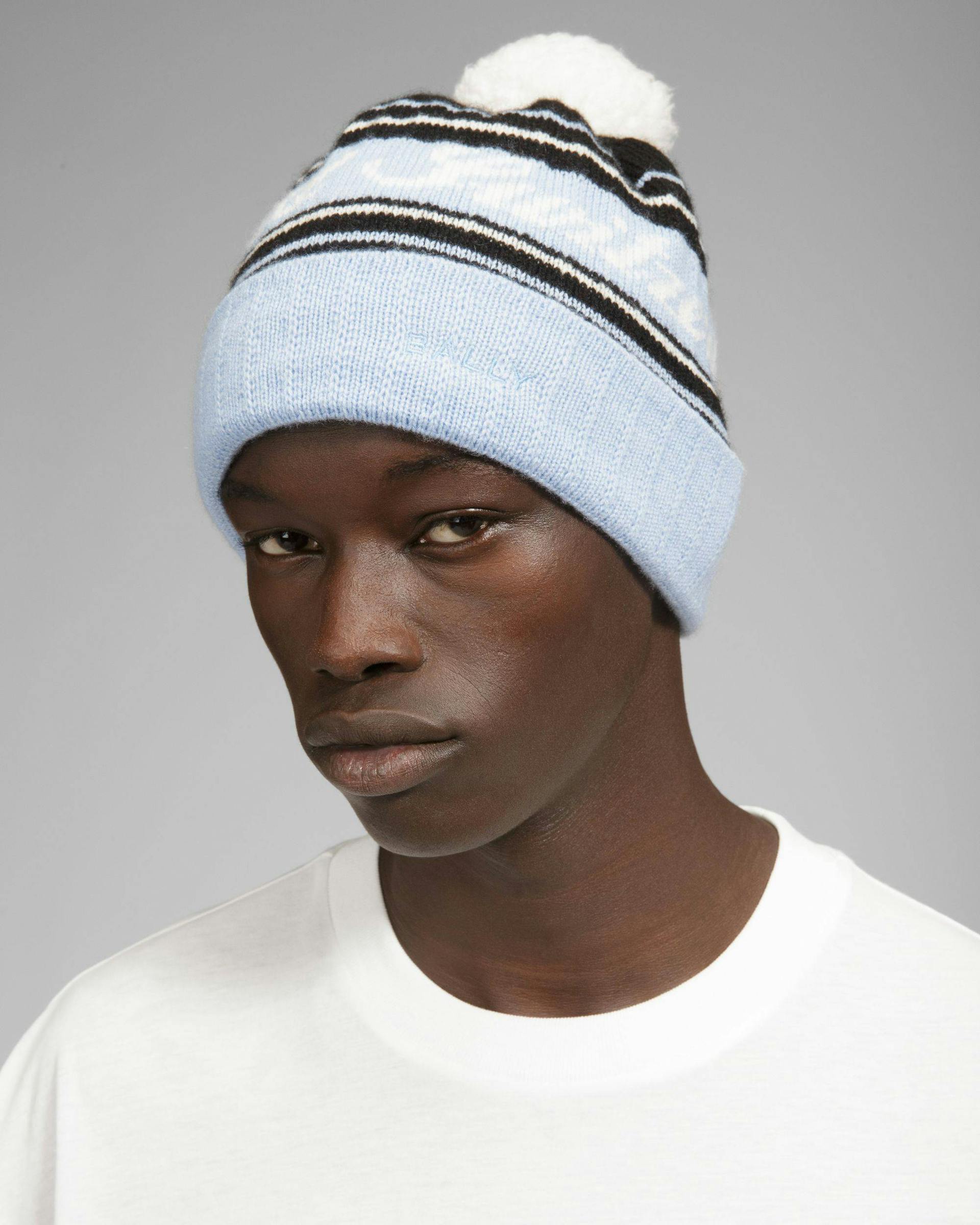 Wool Jacquard Hat In Light Blue & Black - Men's - Bally - 02