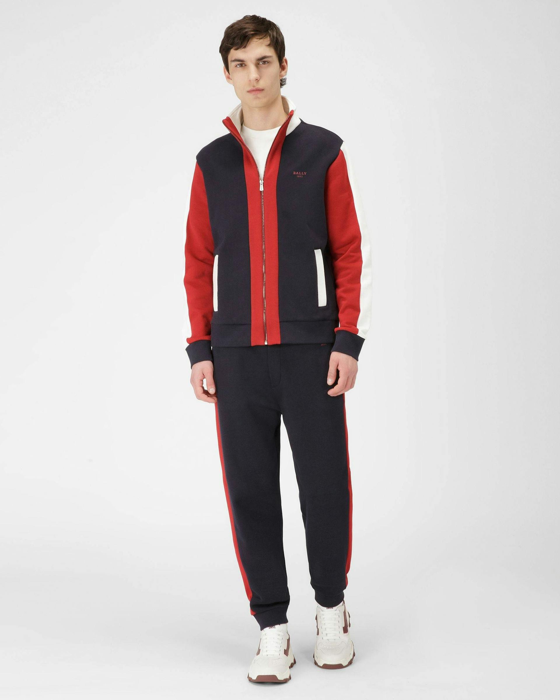 Contrast Stripe Cotton Sweatpants In Navy And Bally Red - Men's - Bally - 02