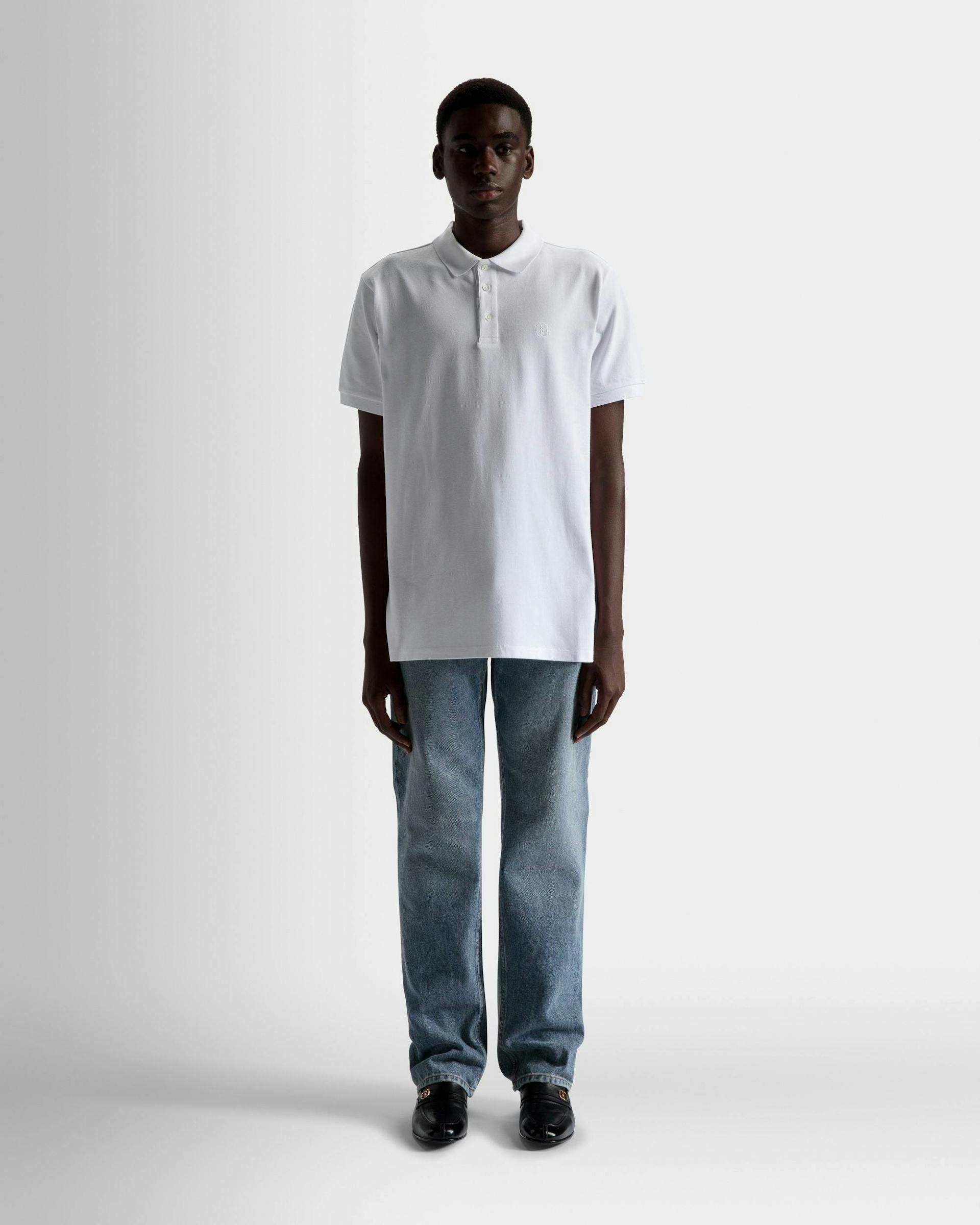 Men's Short Sleeve Polo In White Cotton | Bally | On Model Front