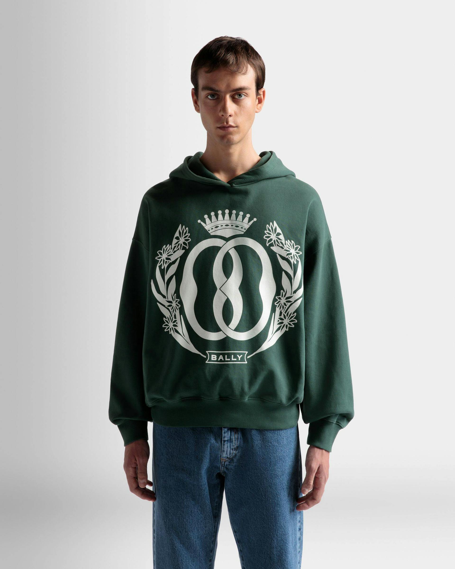 Men's Foiled Hooded Sweatshirt In Kelly Green Cotton | Bally | On Model Close Up