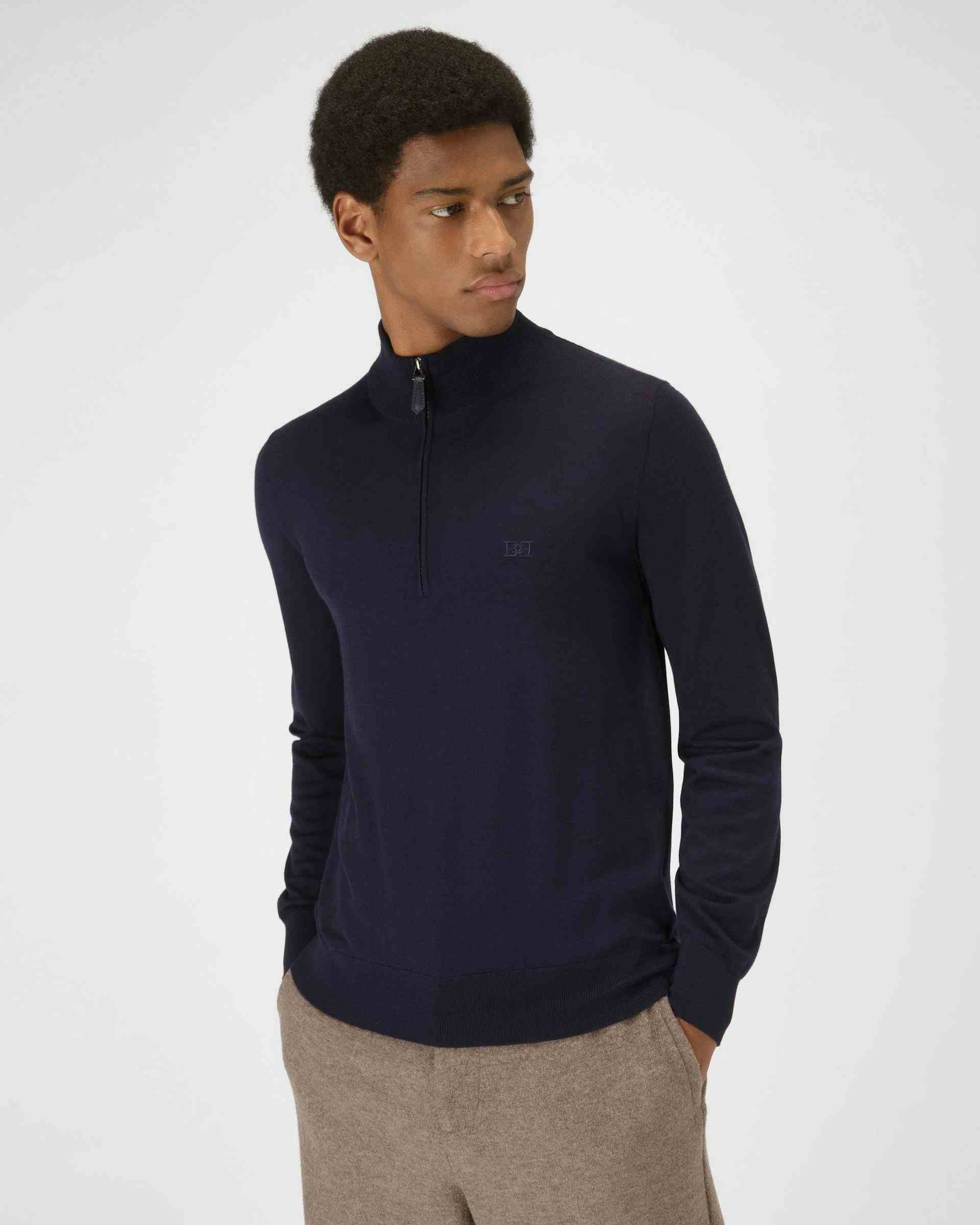 Quarter Zipper Wool Sweater In Navy - Men's - Bally
