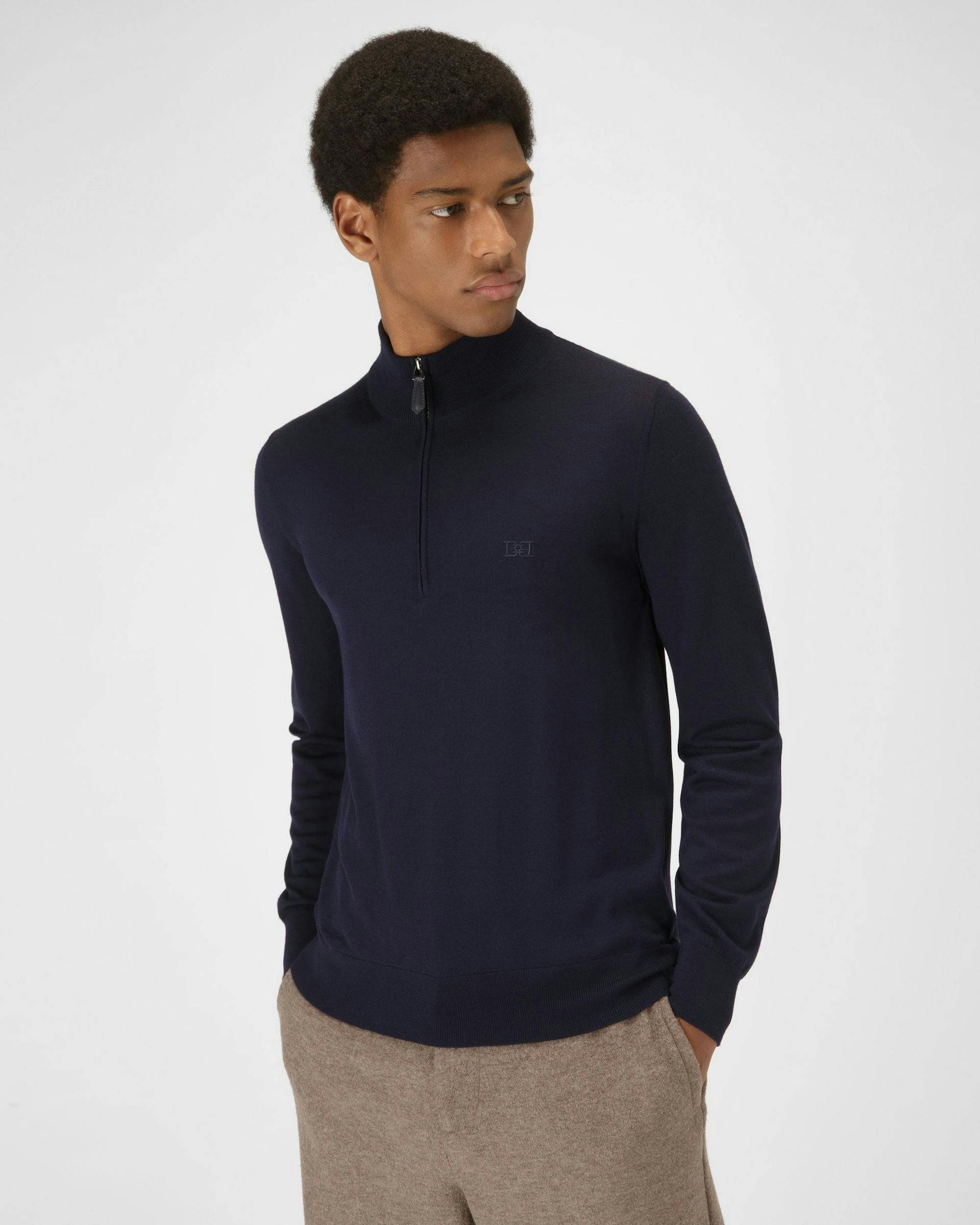 Quarter Zipper Wool Sweater In Navy - Men's - Bally - 01