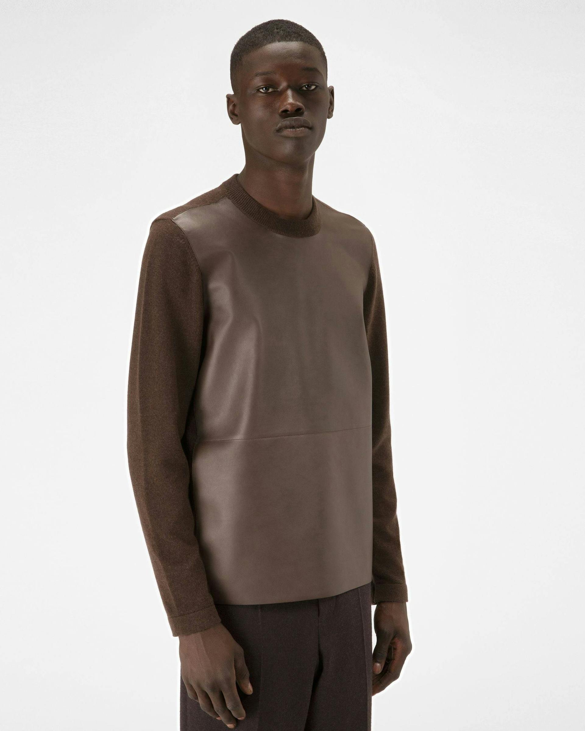 Cashmere And Leather Crew Neck In Ebony Brown - Men's - Bally - 01