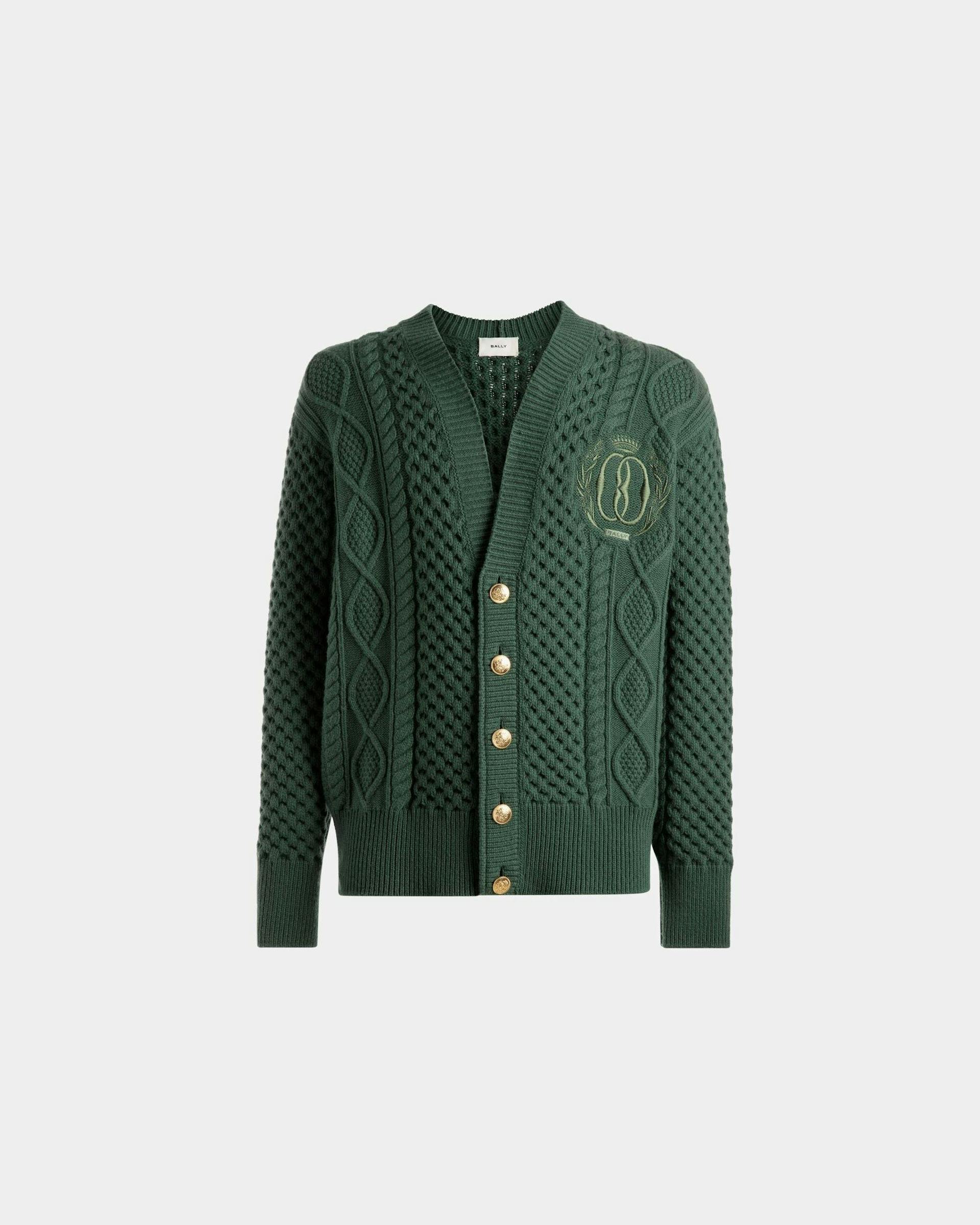 Cable Knit V-Neck Cardigan In Kelly Green Wool - Men's - Bally - 01