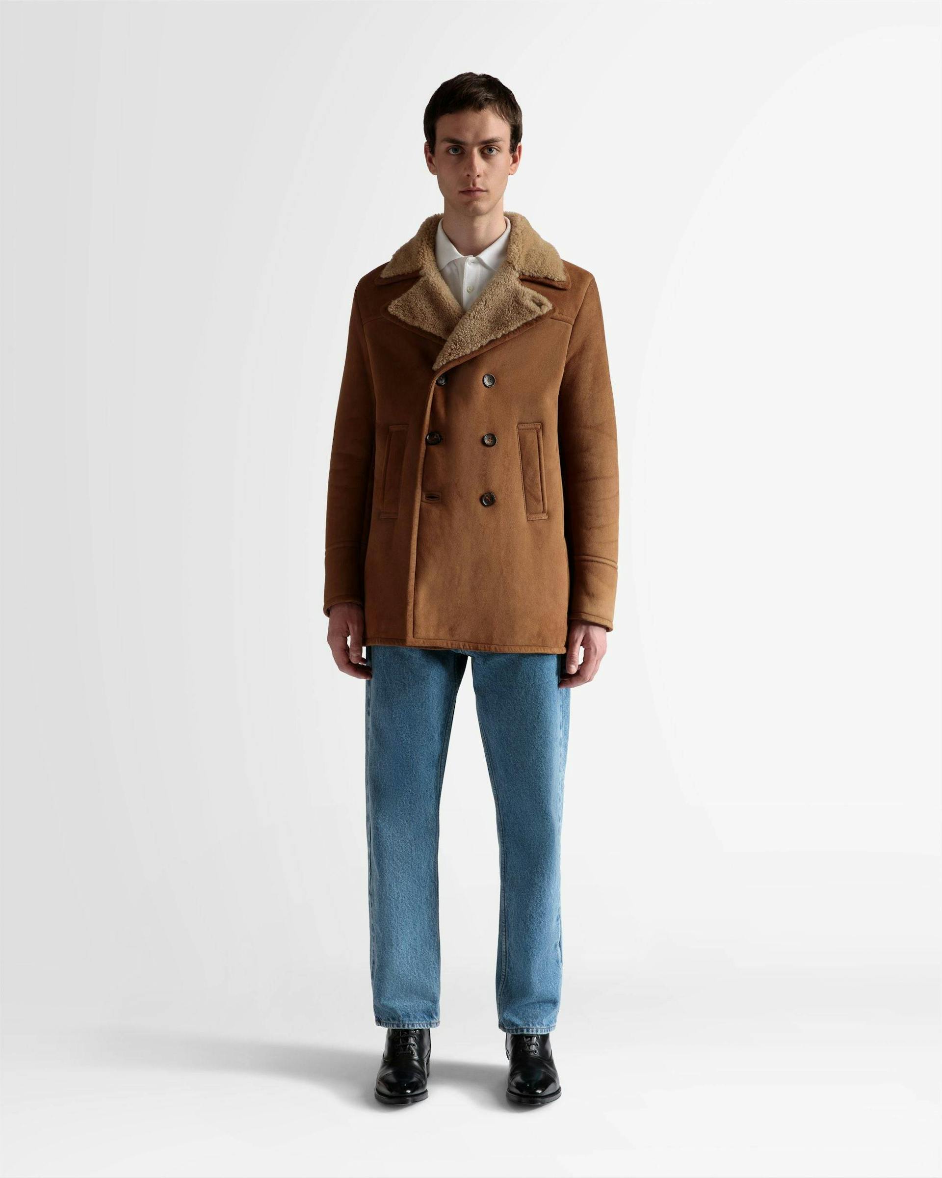 Men's Double Breasted Shearling Coat In Brown Suede | Bally | On Model Front