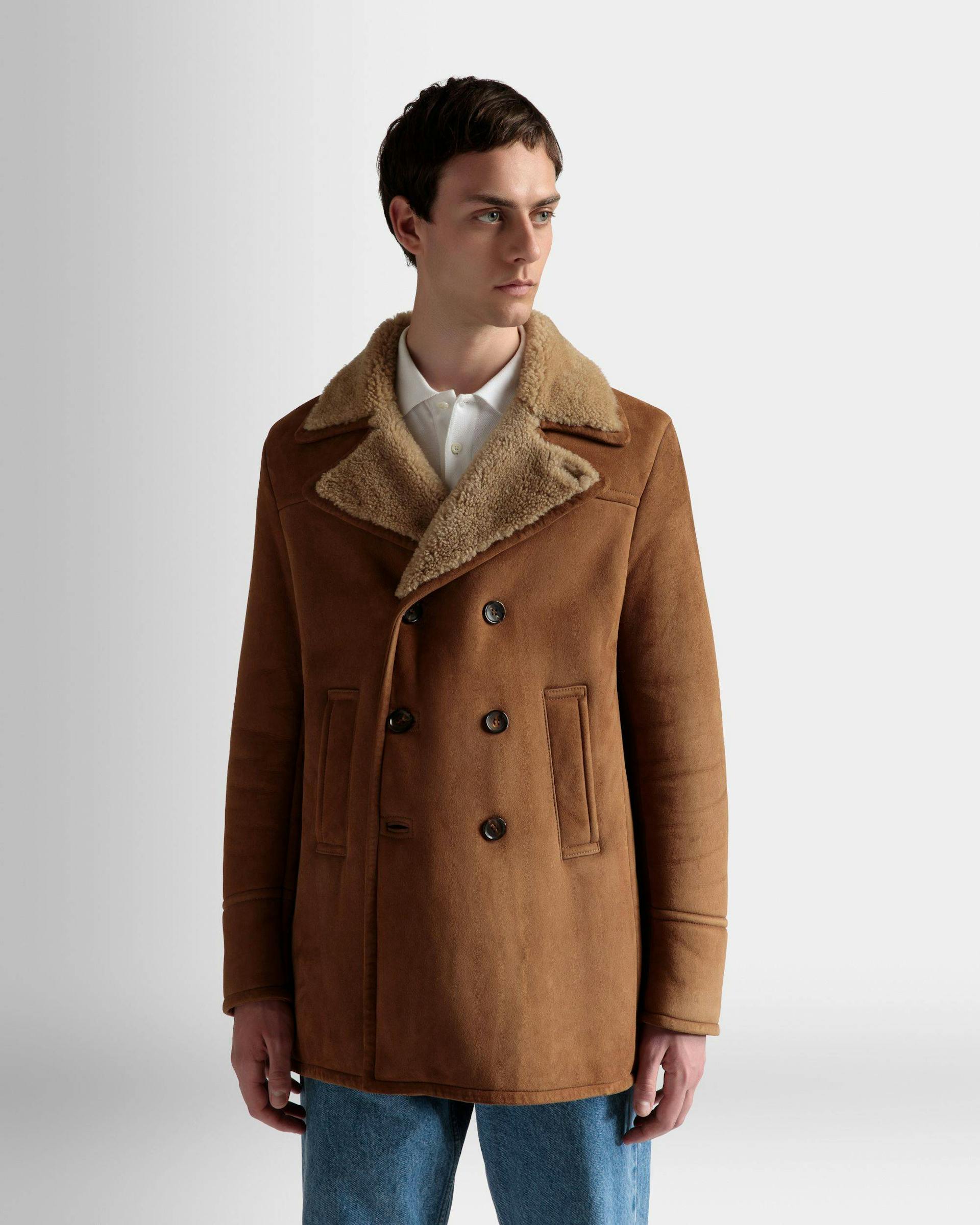 Men's Double Breasted Shearling Coat In Brown Suede | Bally | On Model Close Up