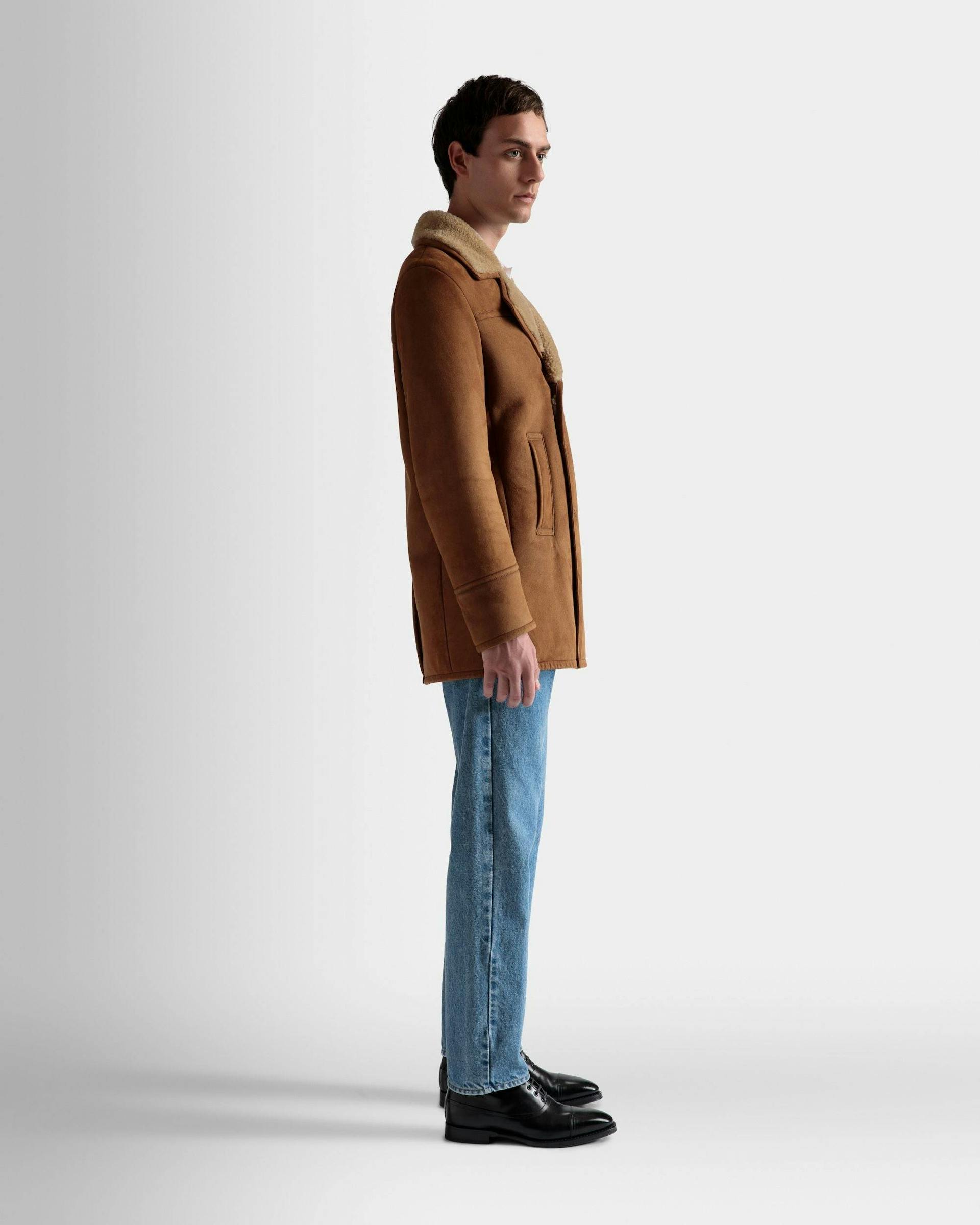 Men's Double Breasted Shearling Coat In Brown Suede | Bally | On Model 3/4 Front