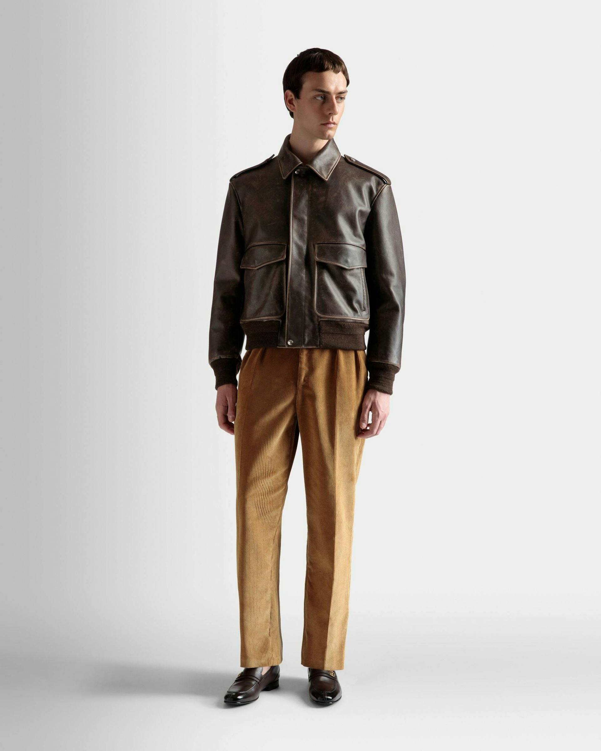 Men's Bomber Jacket In Brown Leather | Bally | On Model Front