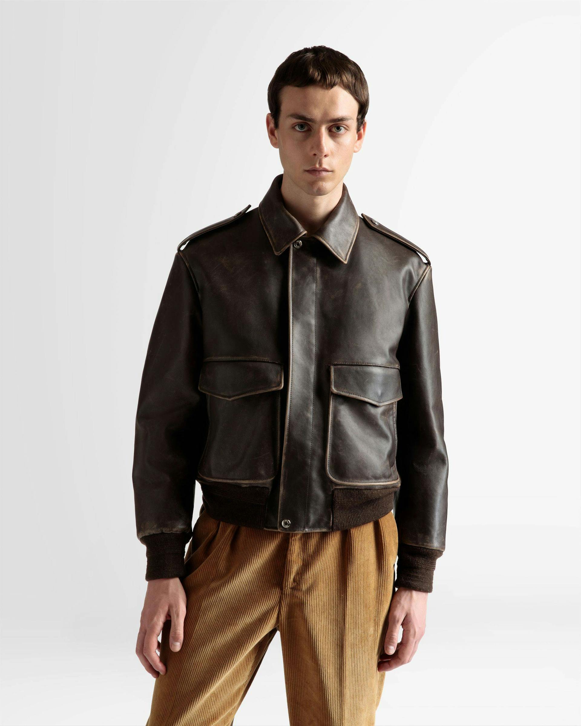 Men's Bomber Jacket In Brown Leather | Bally | On Model Close Up