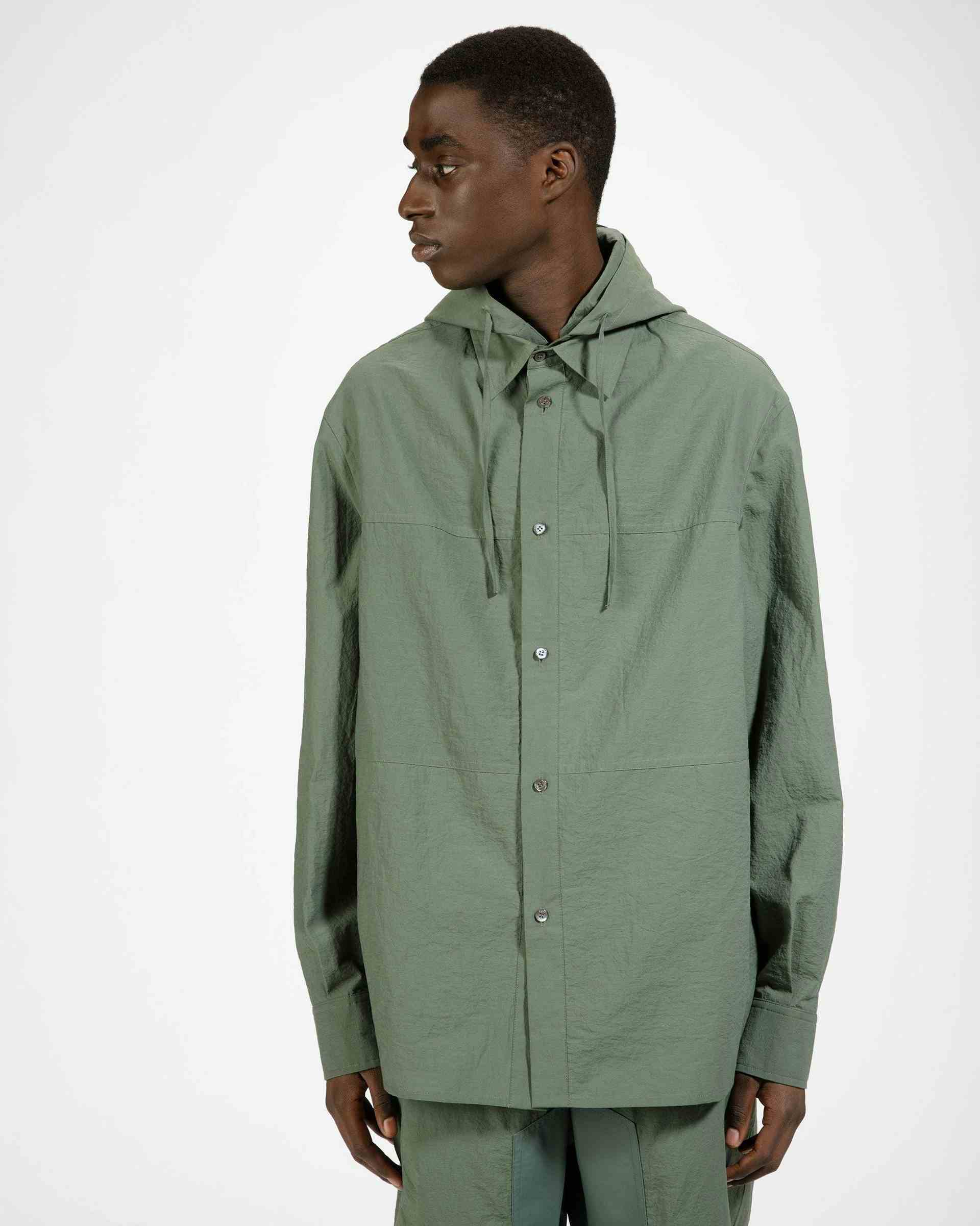 Cotton And Nylon Hooded Shirt Jacket In Sage - Men's - Bally
