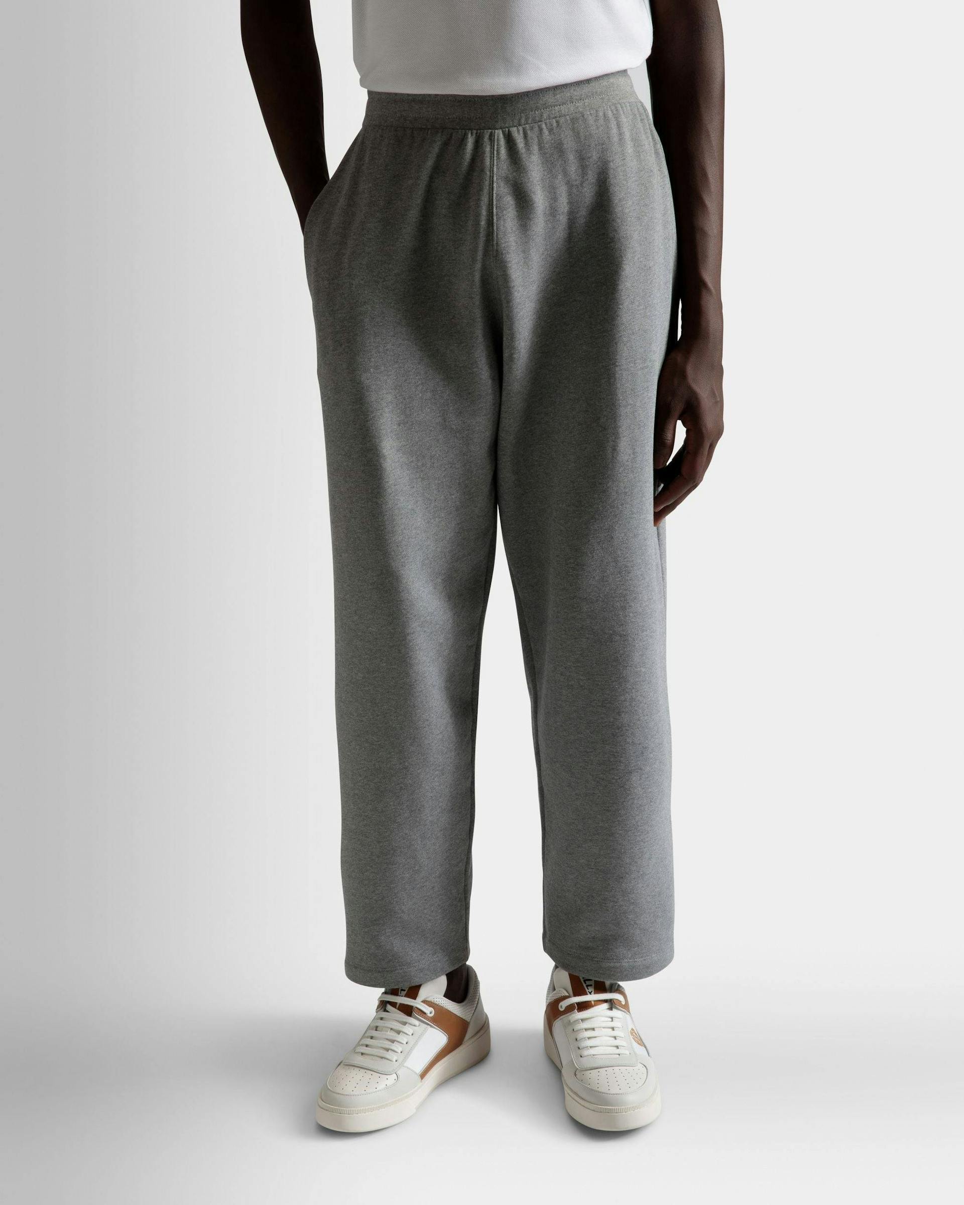 Men's Drawstring Sweatpants In Gray Melange Cotton | Bally | On Model Close Up