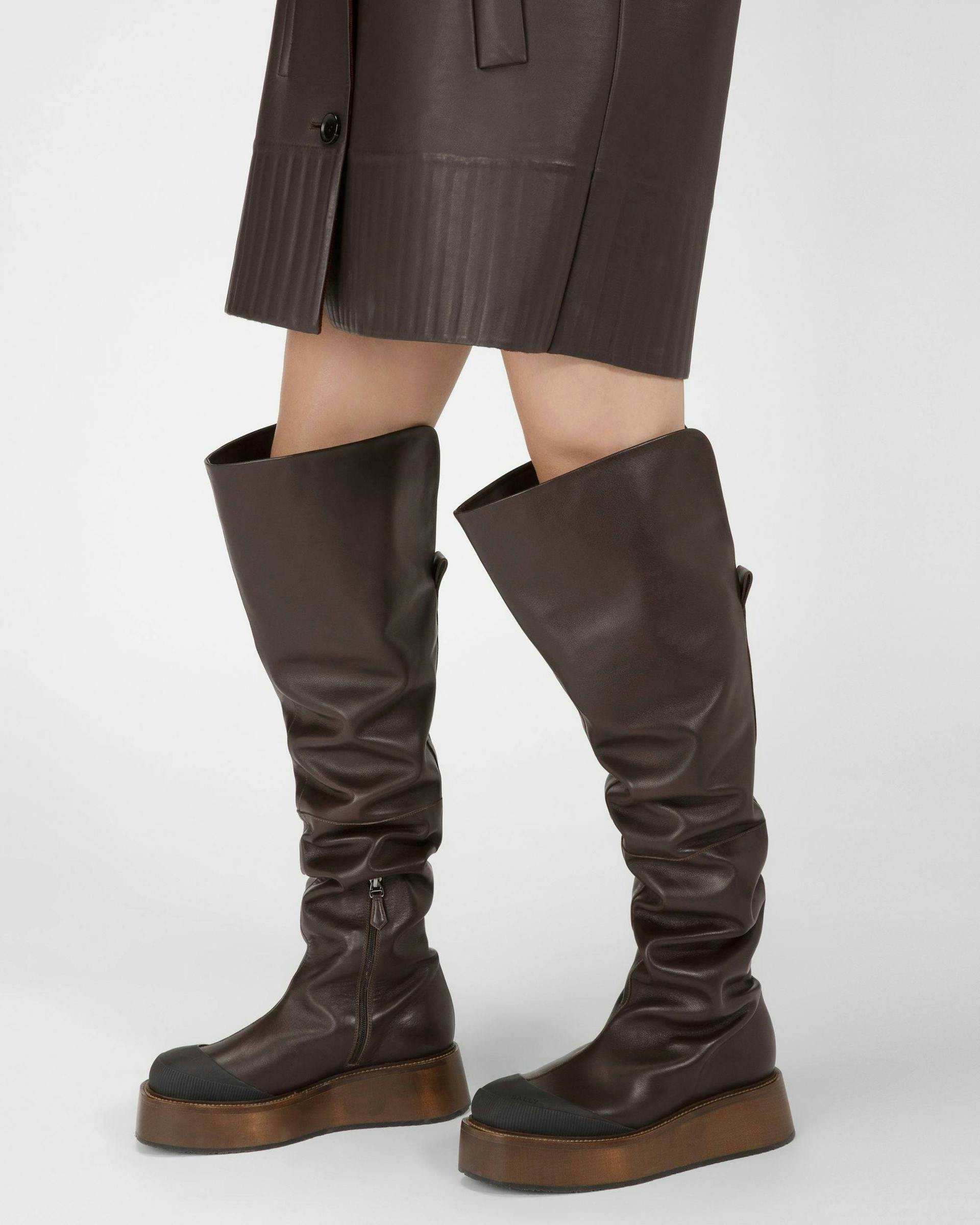 Irenne Leather Long Boots In Ebony Brown - Women's - Bally - 06