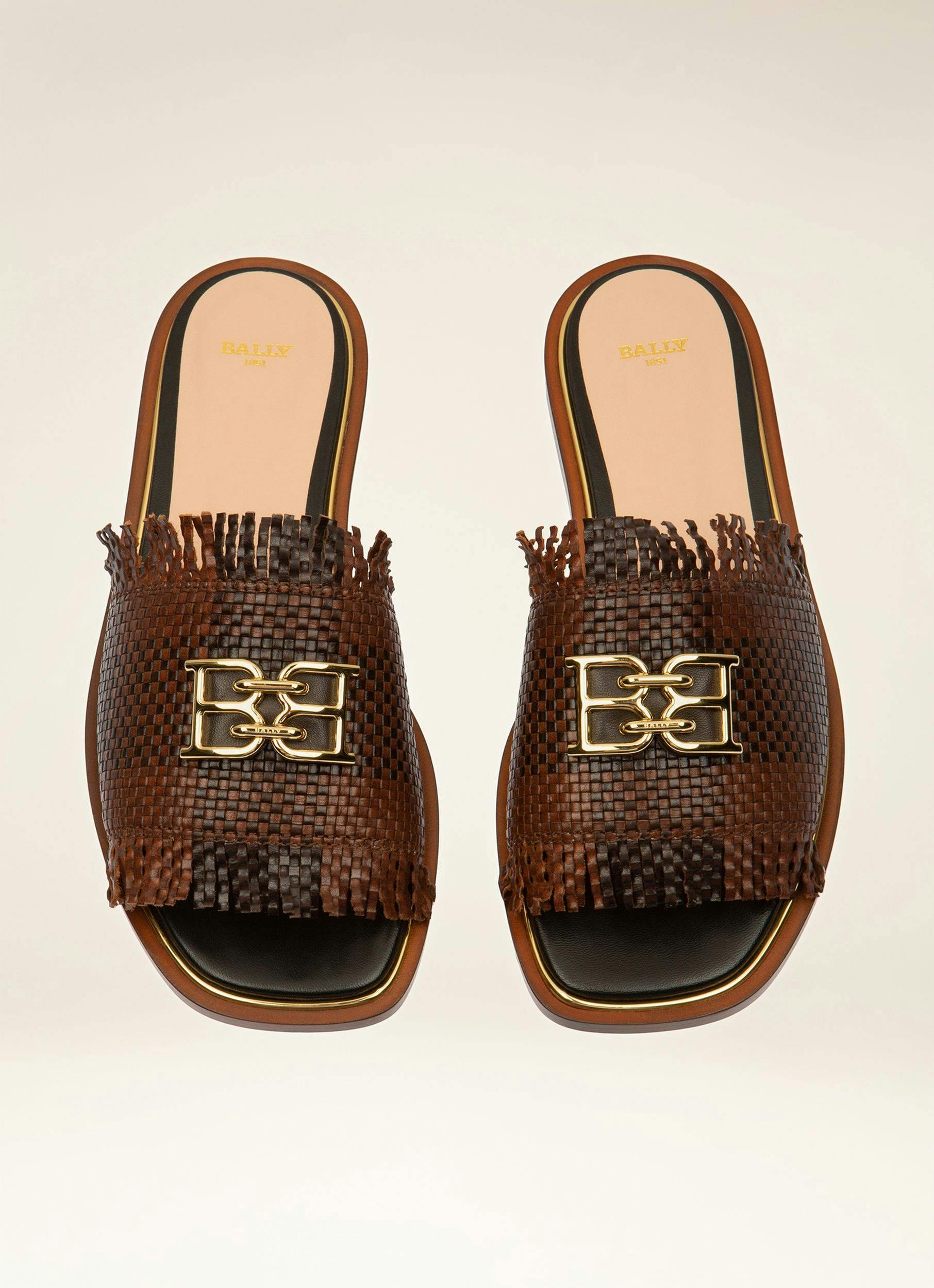 B CHAIN Leather Slides In Brown & Black - Women's - Bally - 04