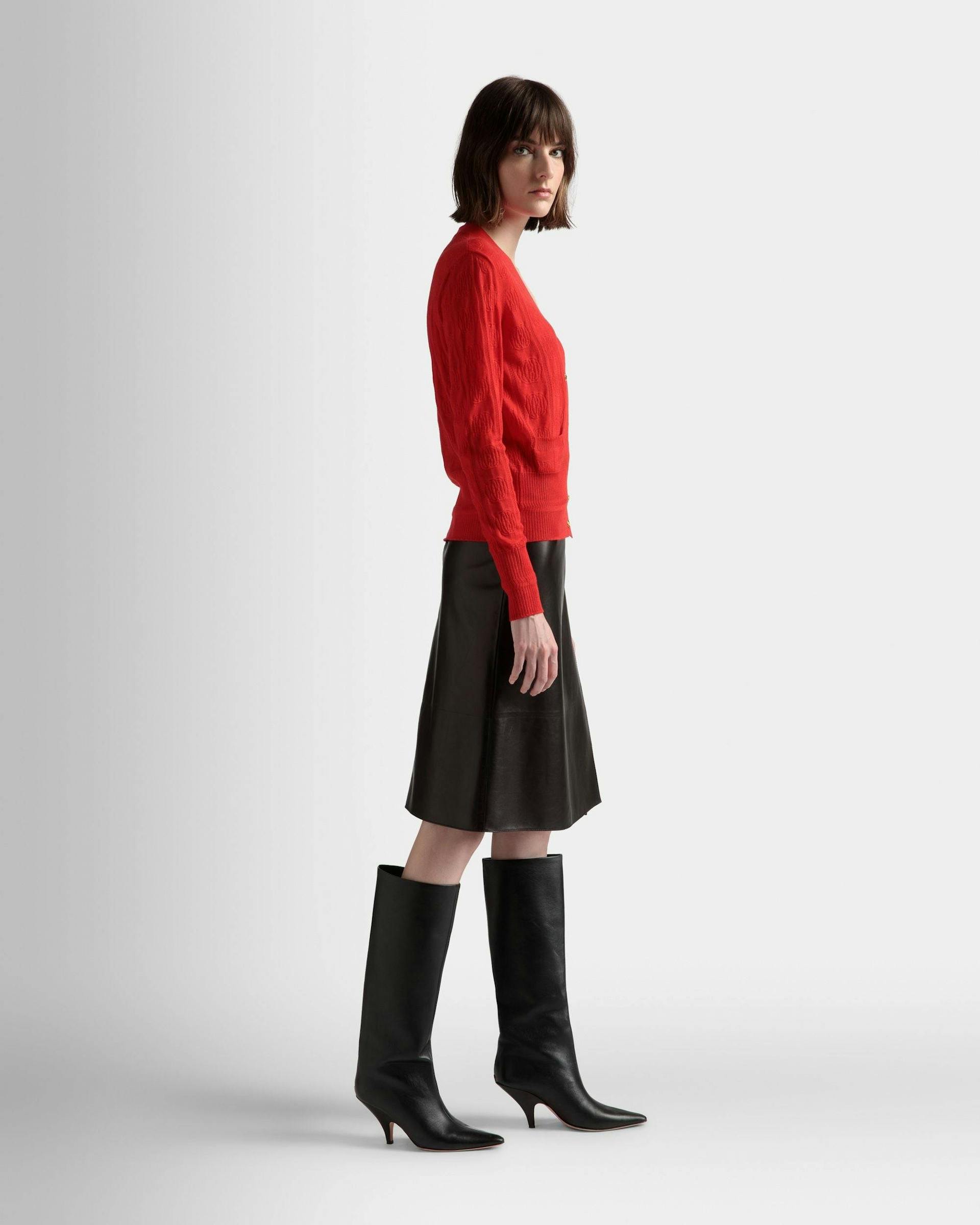 Women's Knit Detail Cardigan In Deep Ruby Wool | Bally | On Model 3/4 Front