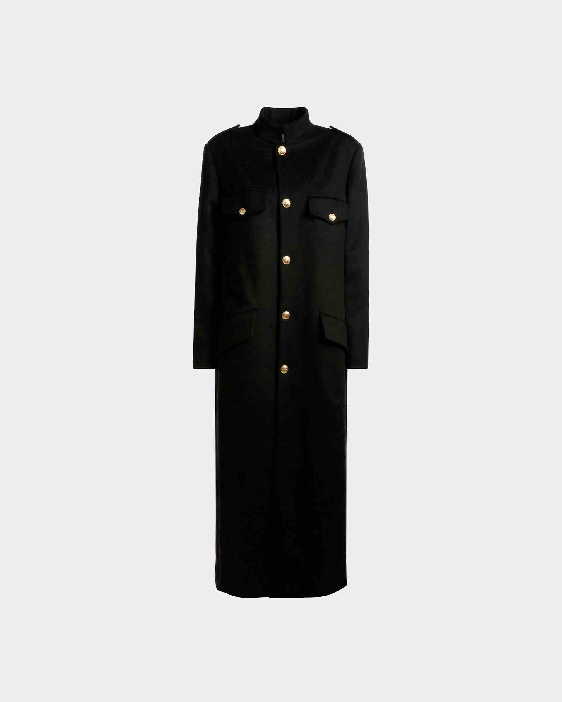Long Buttoned Coat In Navy Wool Mix - Women's - Bally