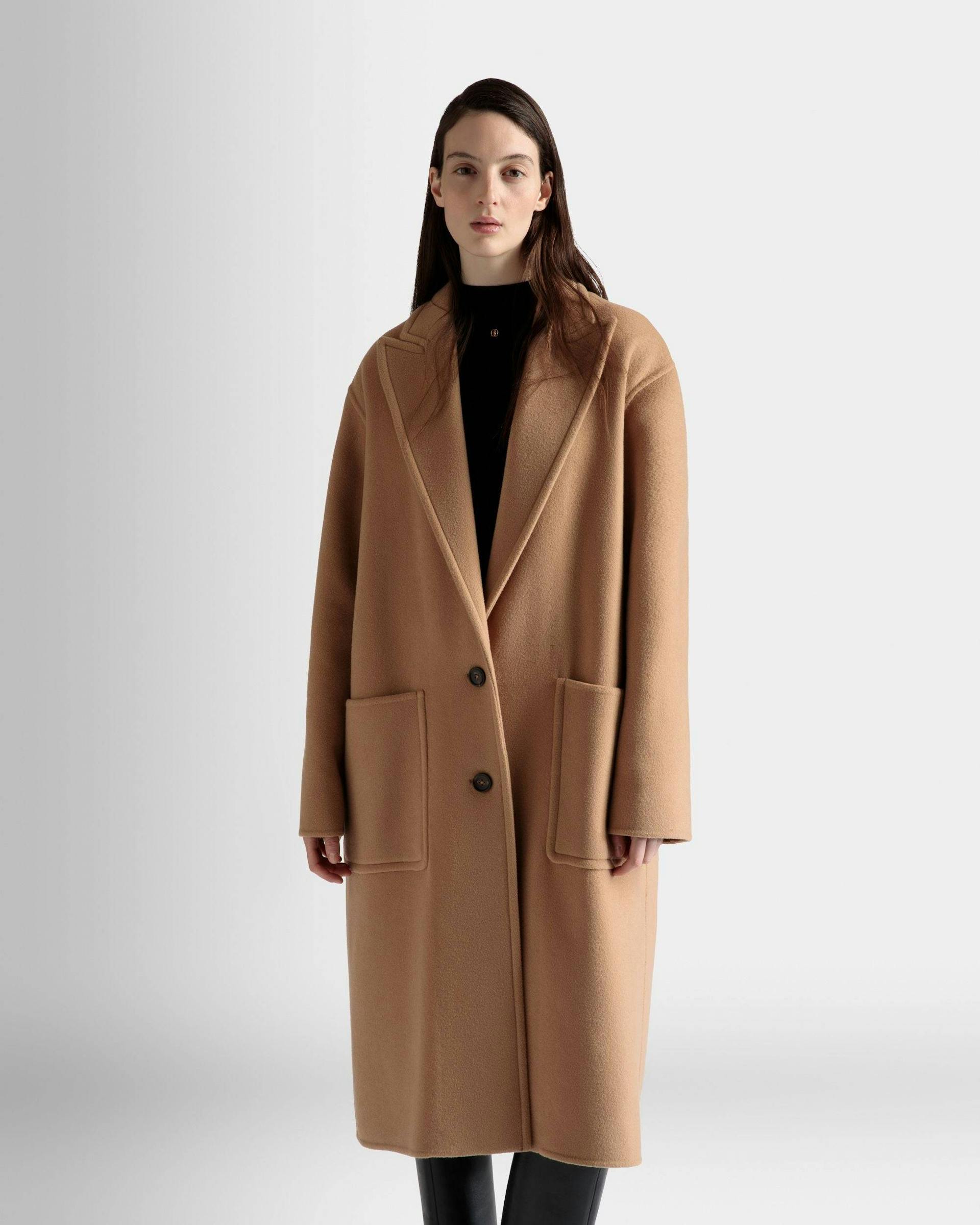Women's Single-Breasted Coat In Camel Cashmere Wool Mix | Bally | On Model Close Up