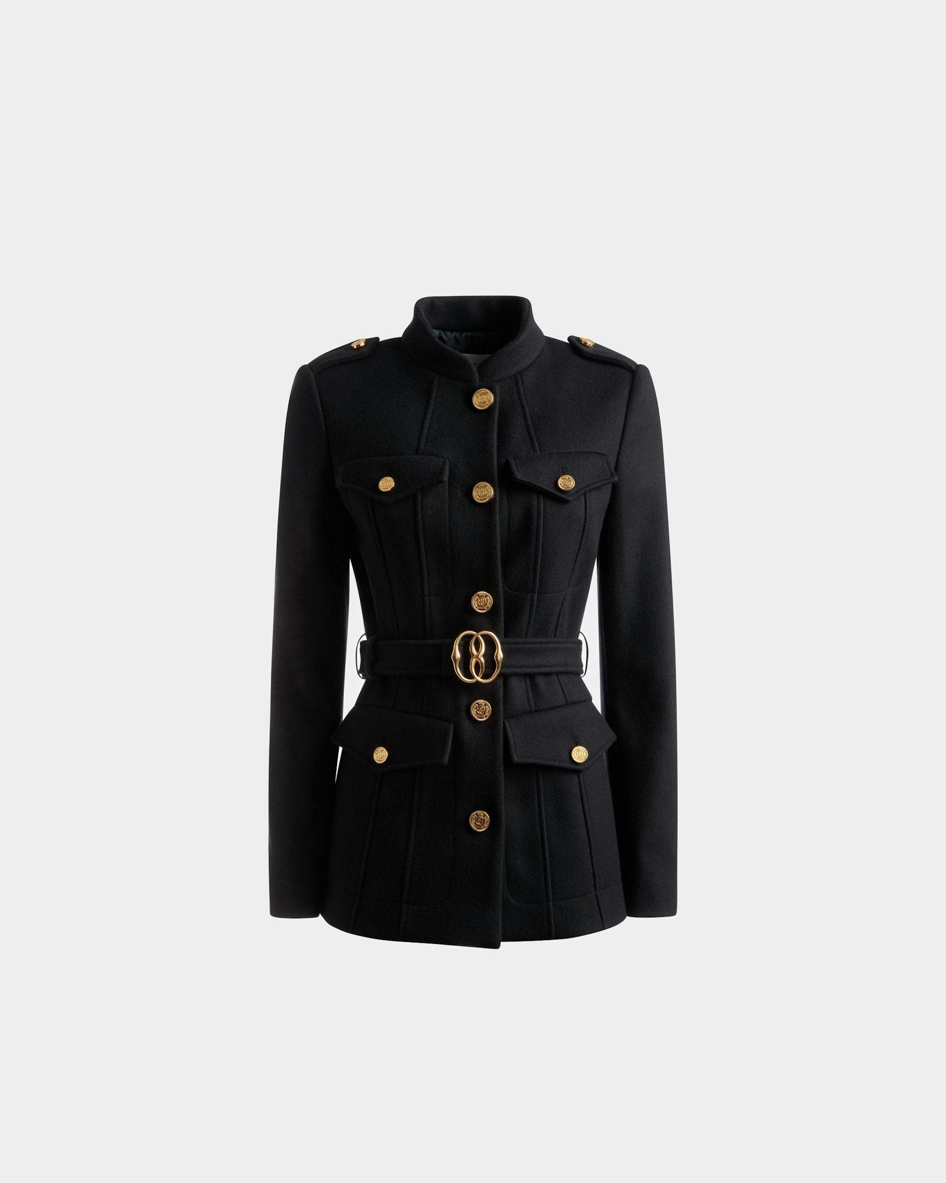 Women's Belted Jacket In Navy Wool | Bally | Still Life Front