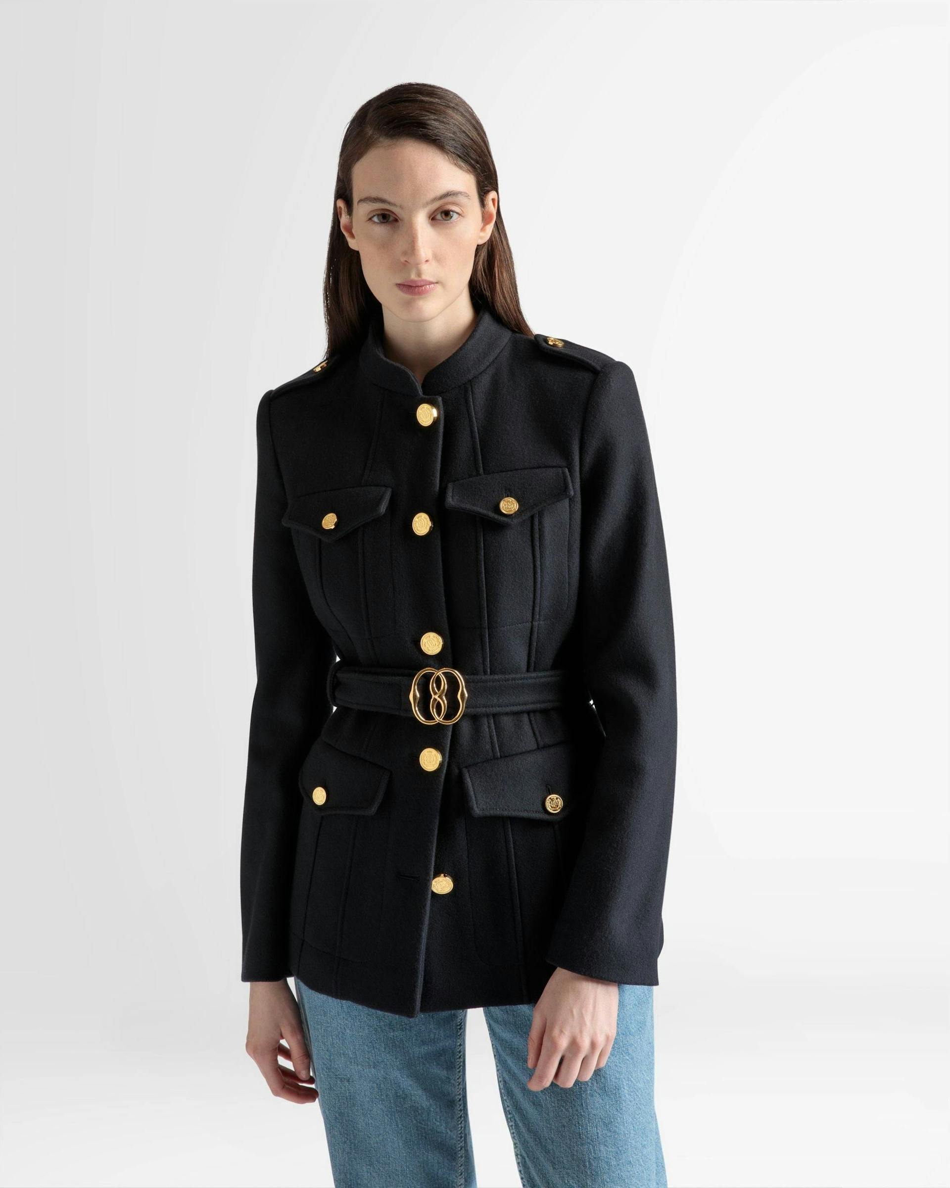 Women's Belted Jacket In Navy Wool | Bally | On Model Close Up