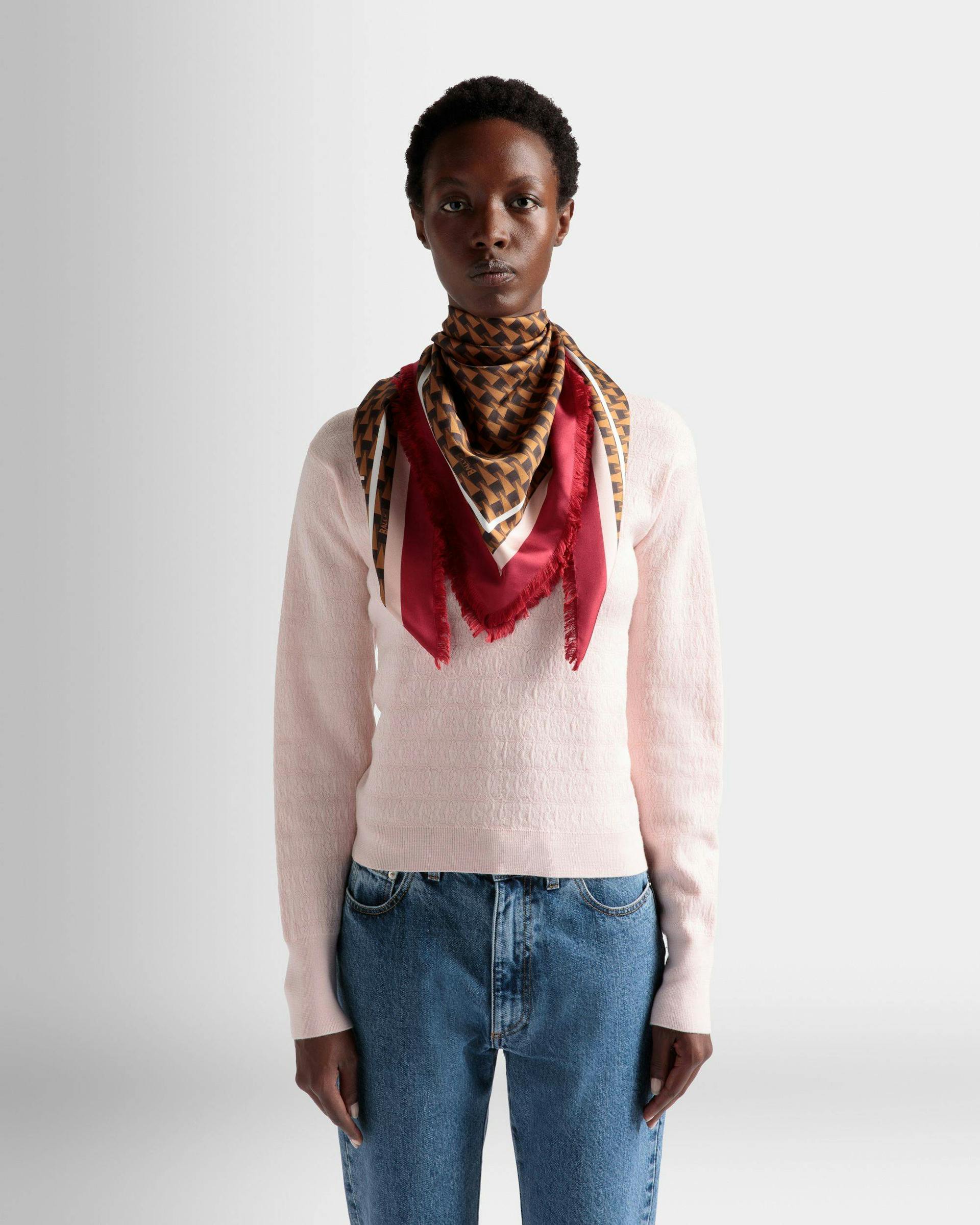 Women's Pennant Print Square Scarf In Desert Silk | Bally | On Model Front