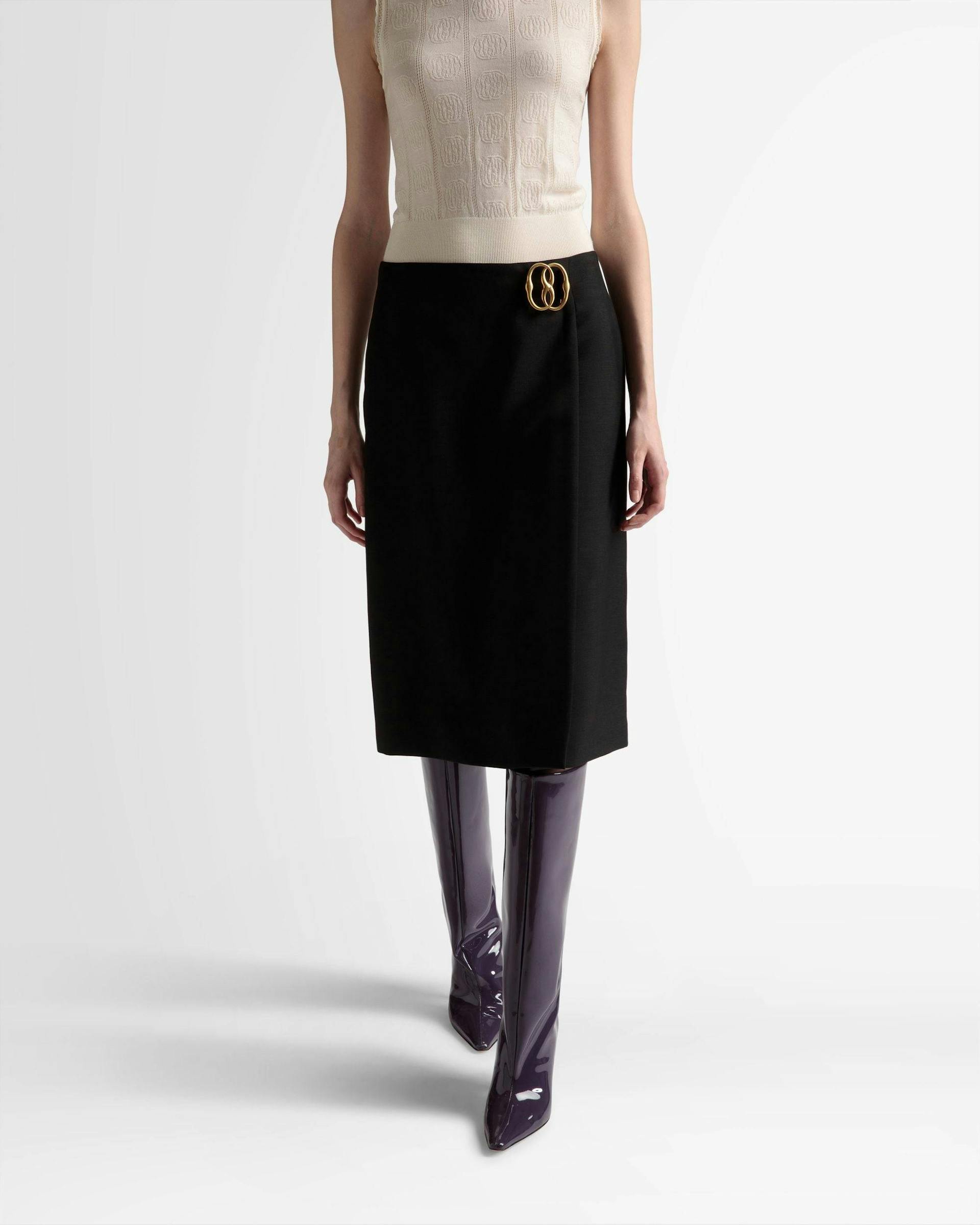 Women's Knee Length Wrap Skirt In Black Mohair Wool Mix | Bally | On Model Close Up