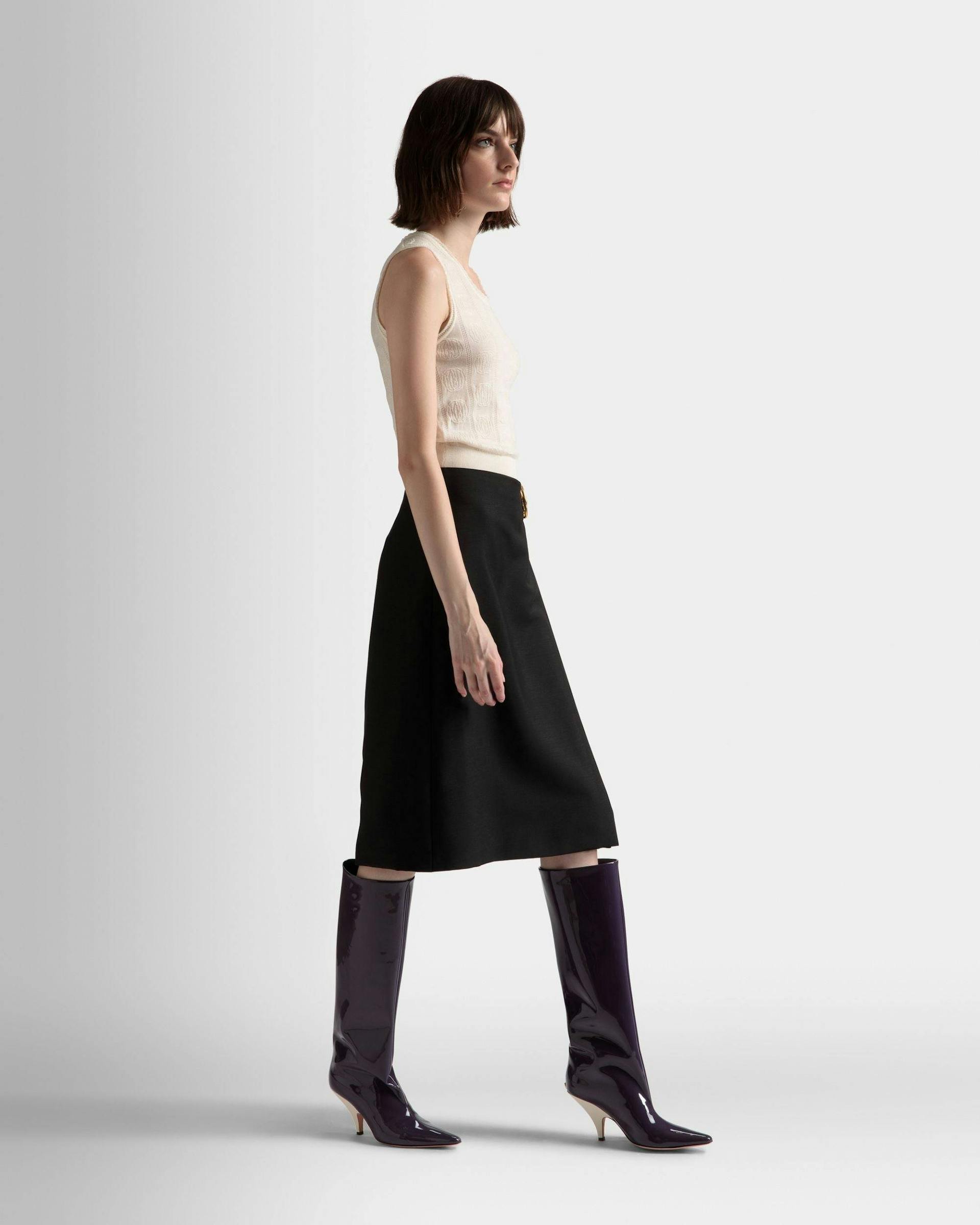 Women's Knee Length Wrap Skirt In Black Mohair Wool Mix | Bally | On Model 3/4 Front