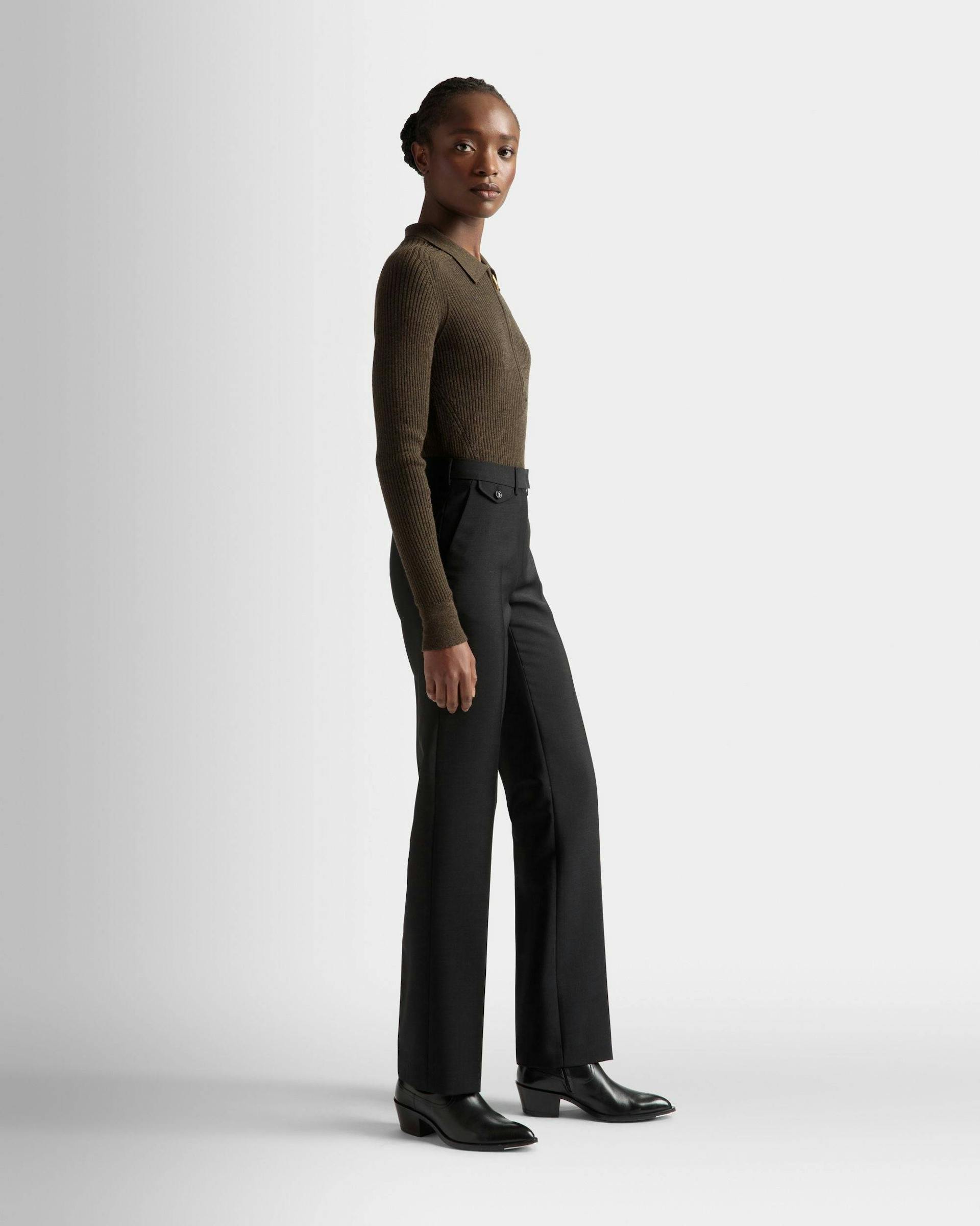 Women's Tailored Straight Leg Pants In Black Mohair Wool Mix | Bally | On Model 3/4 Front
