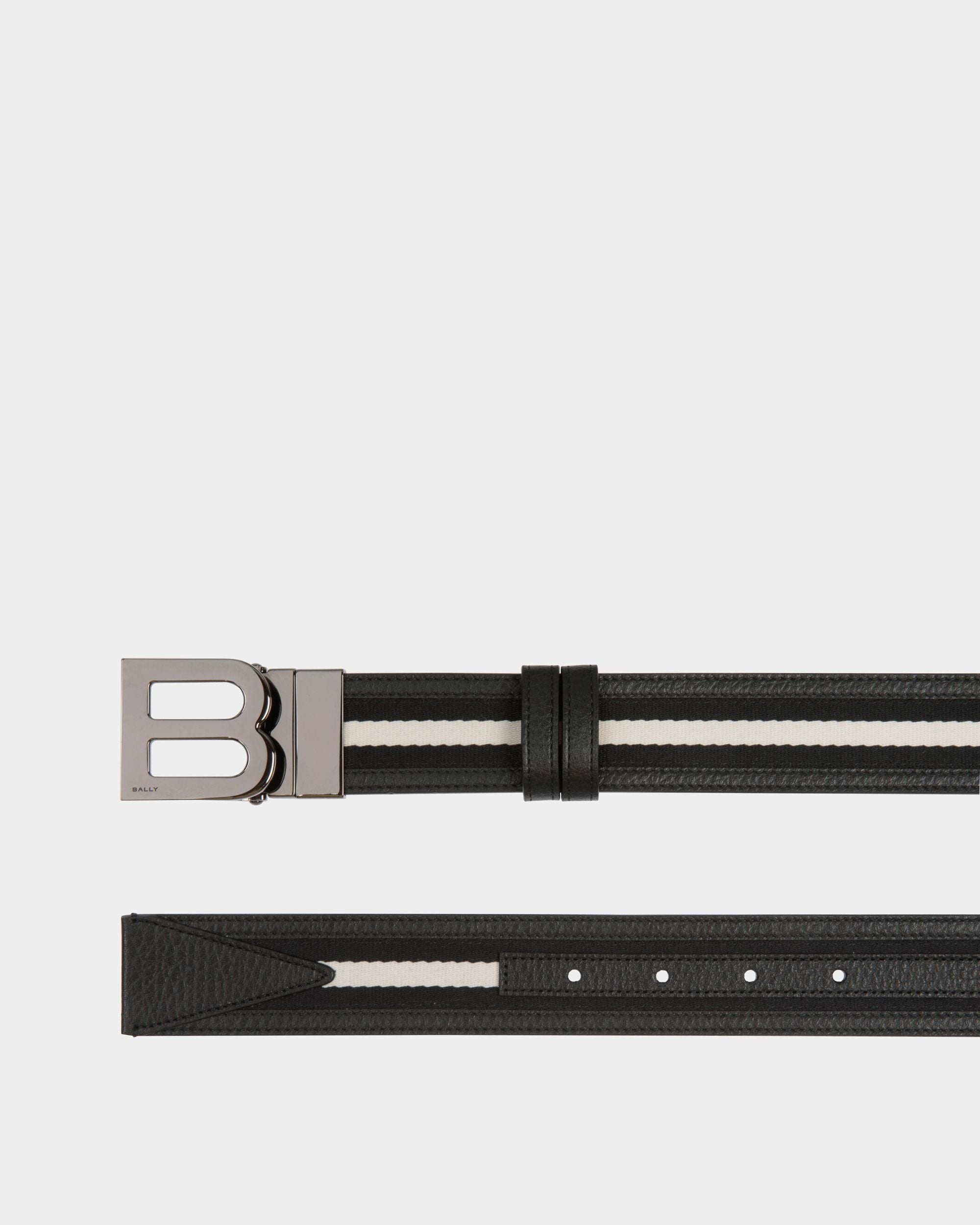 Ceinture B Logo 35 mm Réversible En Tissu Et Cuir Noir Et Blanc - Homme - Bally - 02