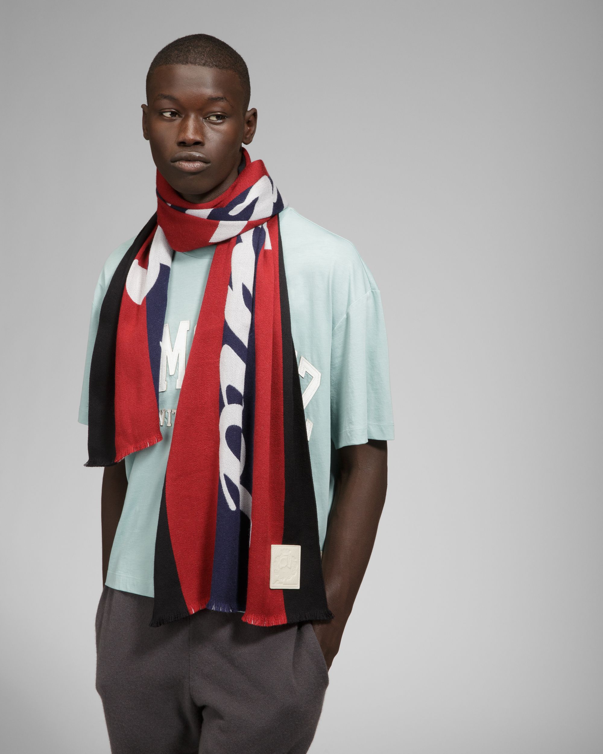 Wool Jacquard Scarf In Red & Navy - Men's - Bally - 02