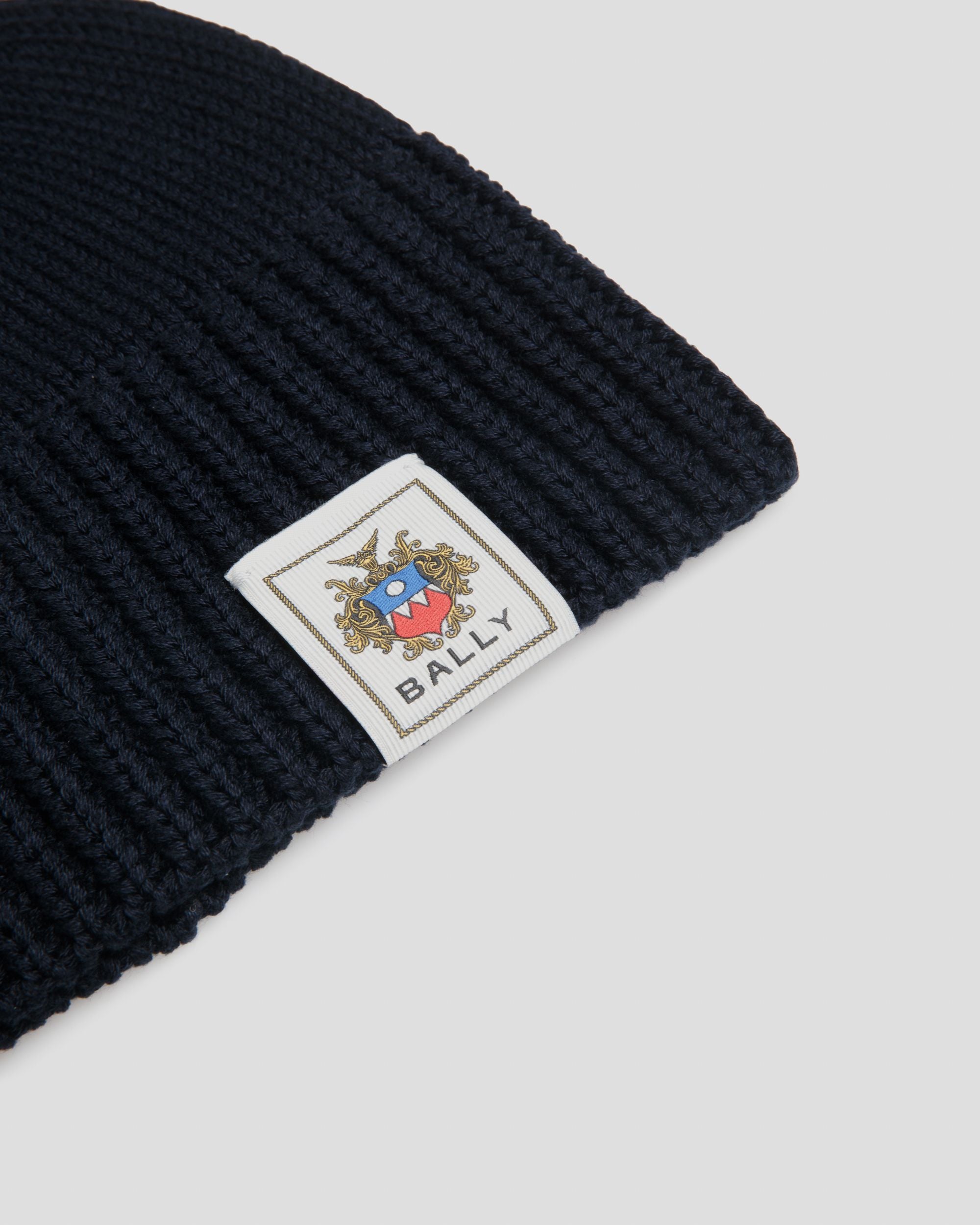 Beanie With Bally Crest in Navy Blue Cotton - Men's - Bally - 03
