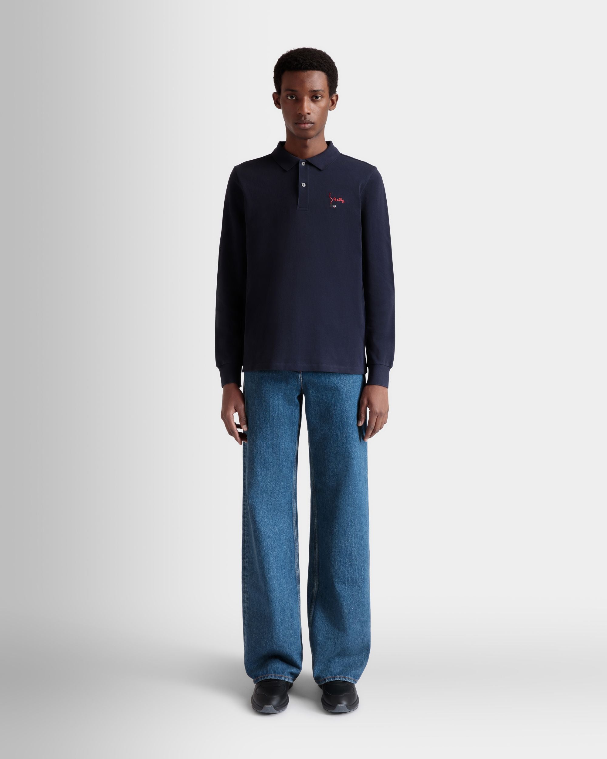 Polo À Manches Longues Pour Homme En Coton Navy Blue - Homme - Bally - 02