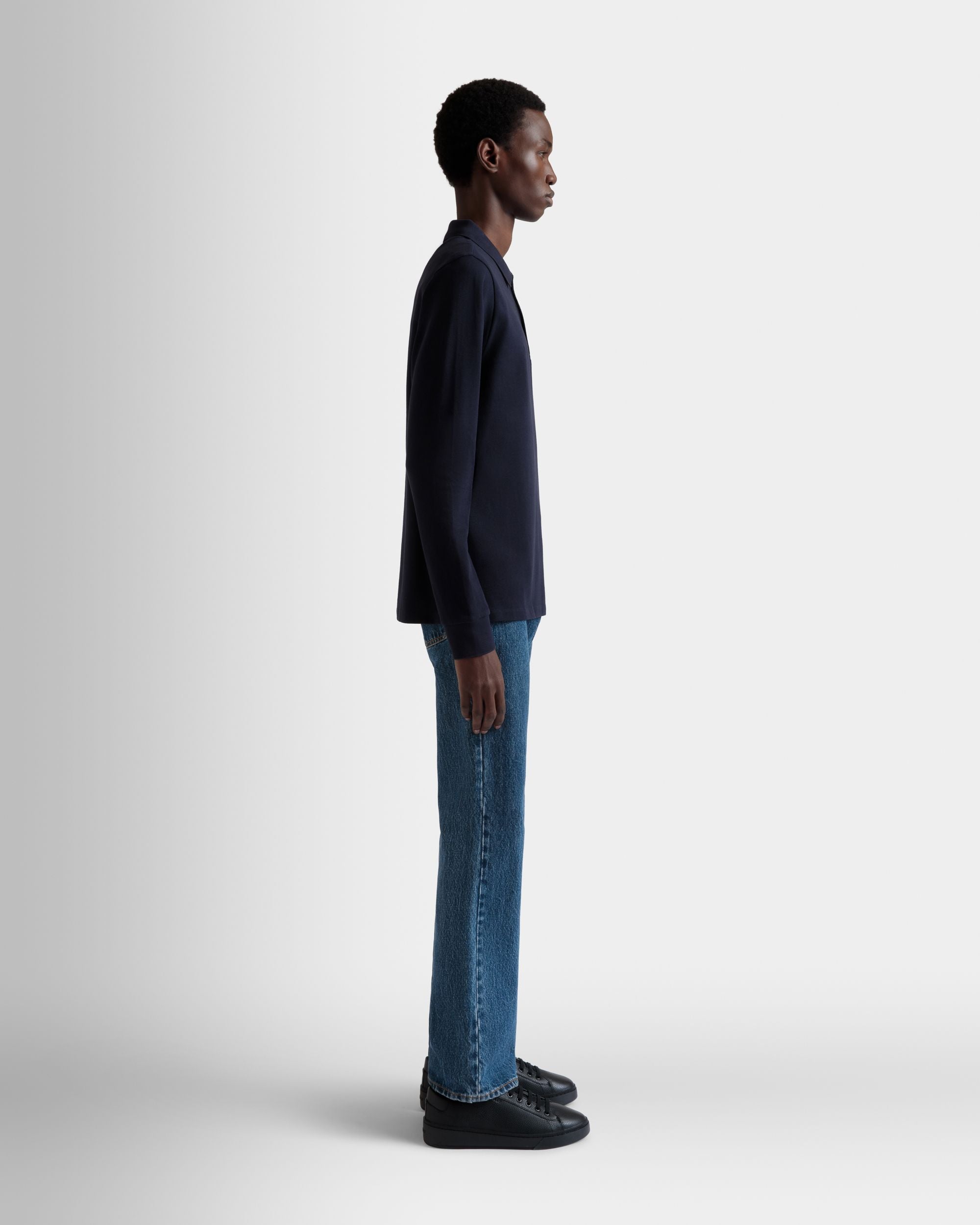 Polo À Manches Longues Avec Détail Bally Flag En Coton Navy Blue - Homme - Bally - 05