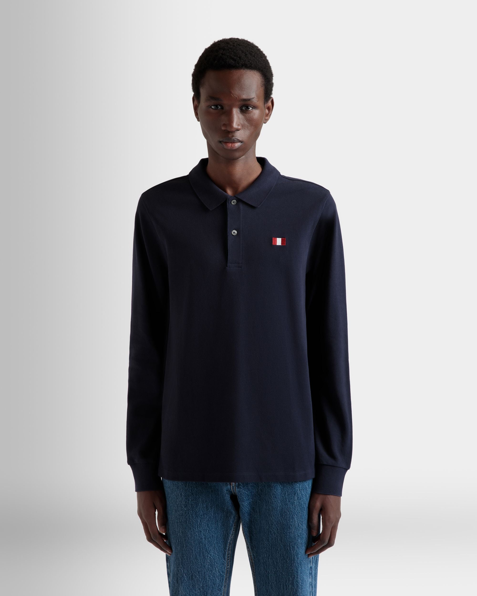 Polo À Manches Longues Avec Détail Bally Flag En Coton Navy Blue - Homme - Bally - 08
