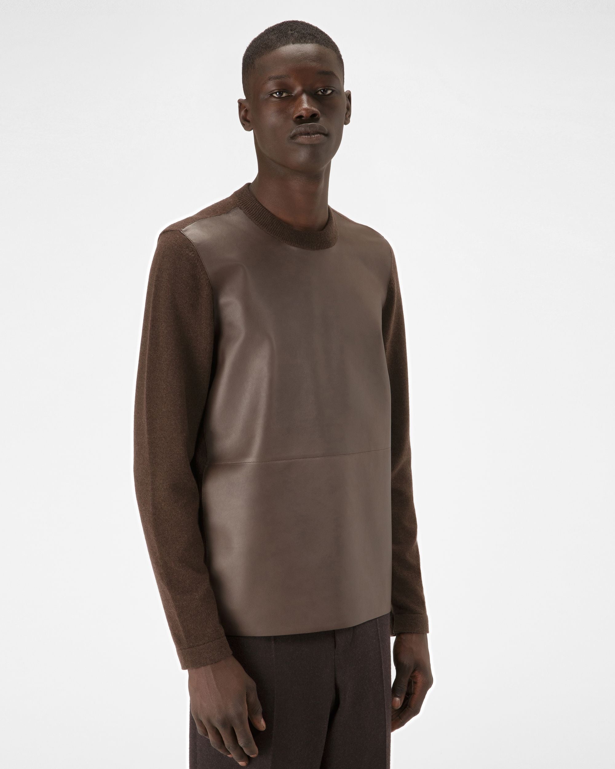 Pull En Cachemire Et Cuir En Brun Ébène - Homme - Bally - 01