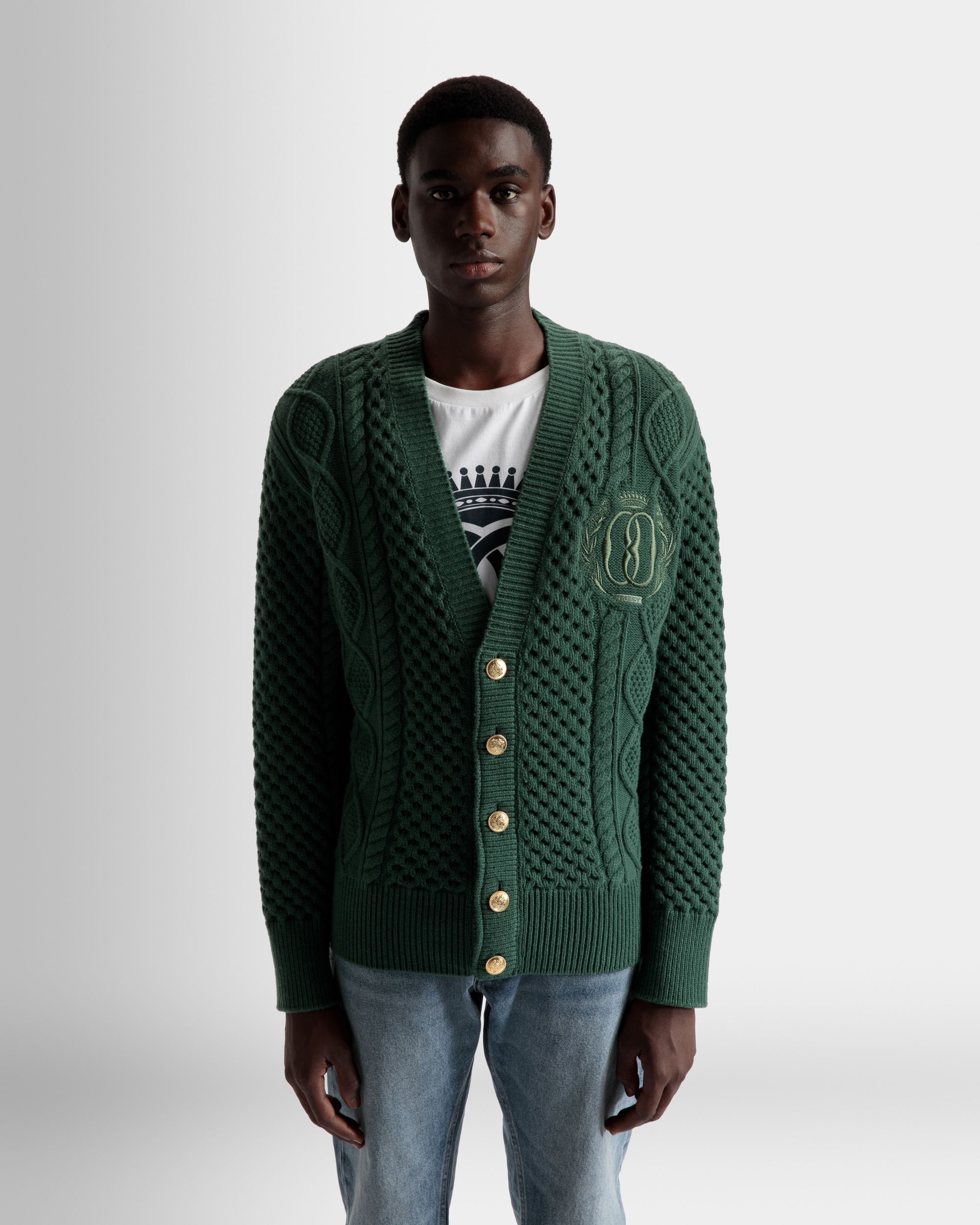Strickjacke Mit Zopfmuster Und V-Ausschnitt Aus Wolle In Kelly Green - Herren - Bally - 03