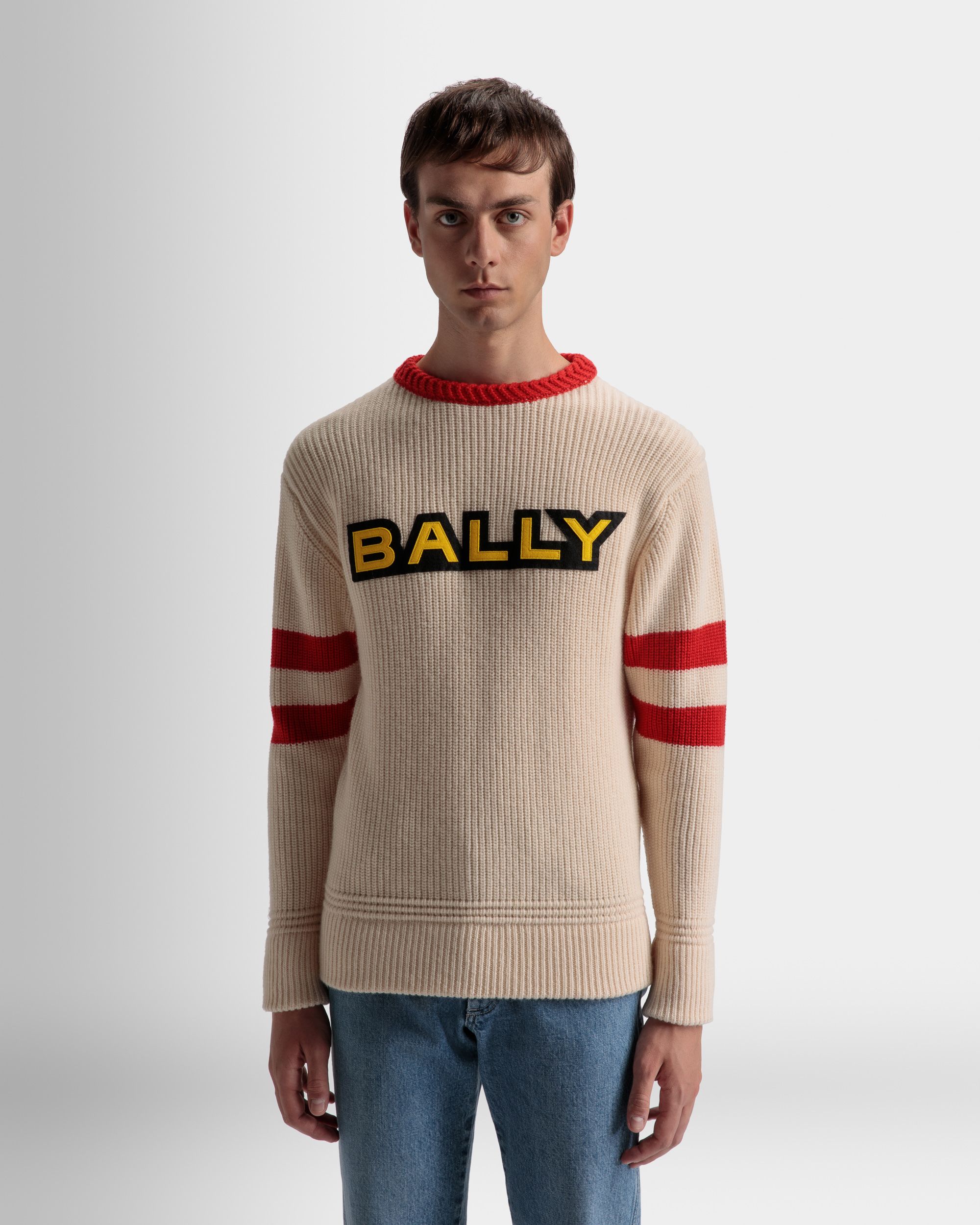 Jersey Con Cuello Redondo De Lana Color Hueso Y Rojo - Hombre - Bally - 03