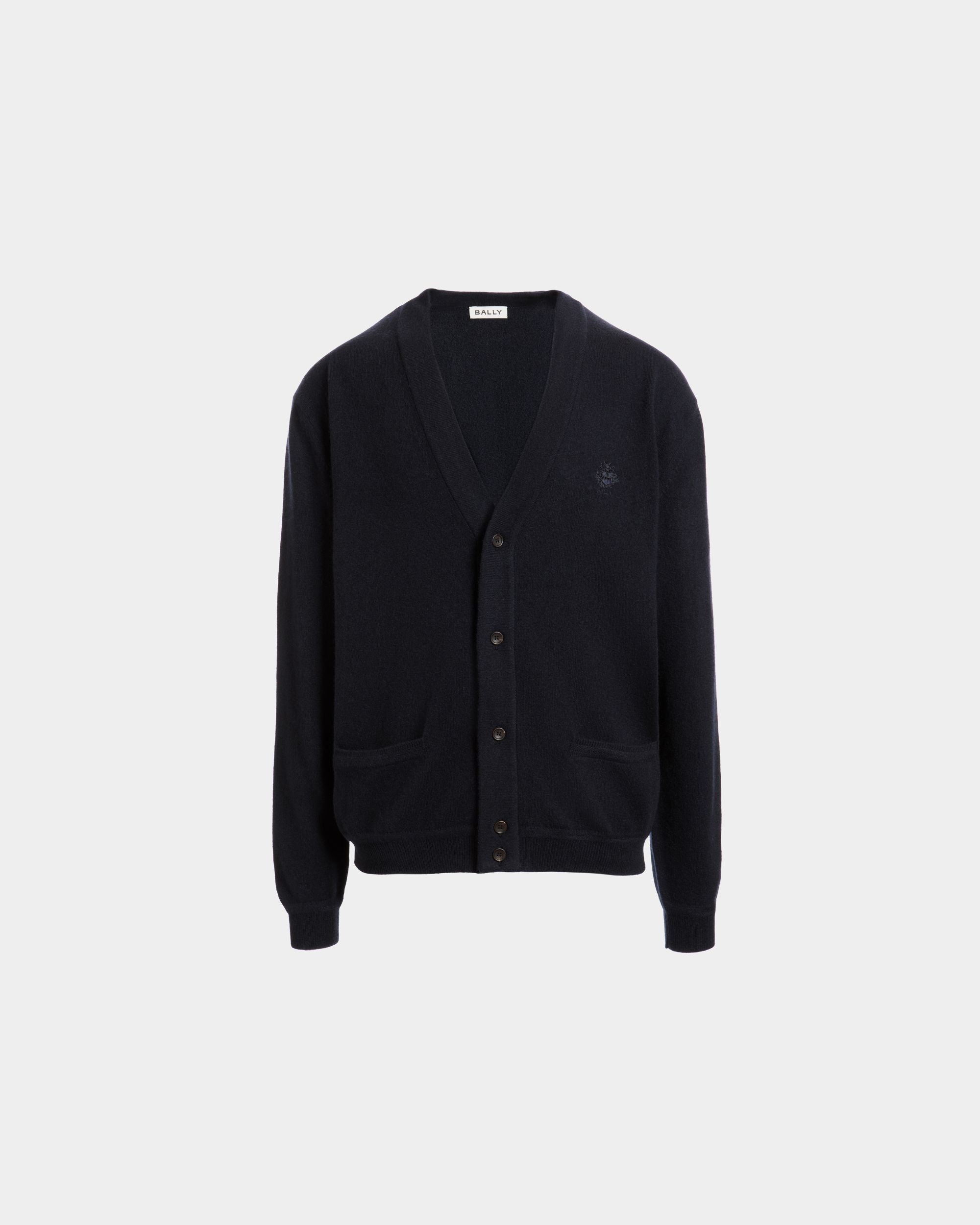 Cardigan With a Bally Crest in Navy Blue Cashmere - Herren - Bally - 01