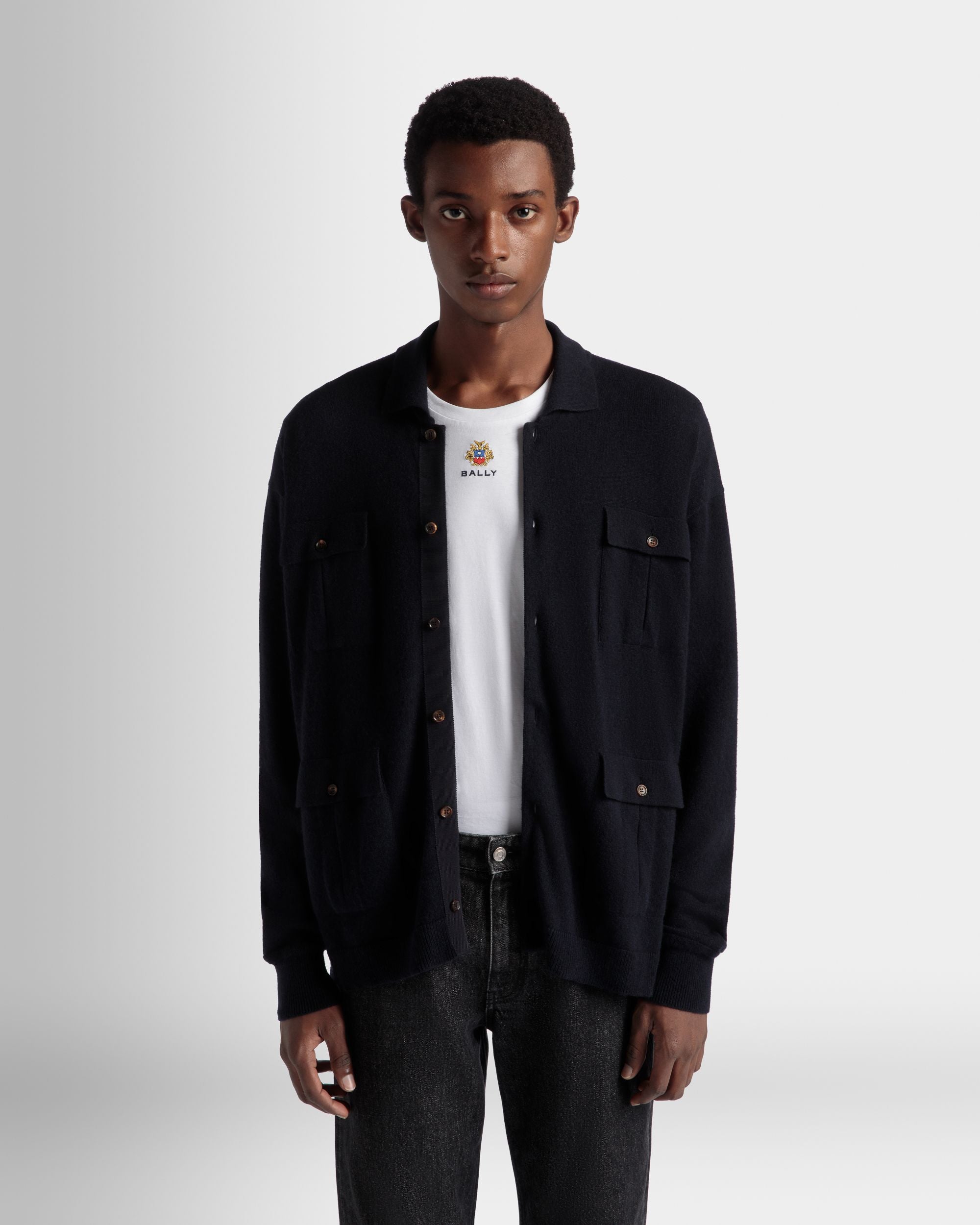 Chemise À Manches Longues Avec Logo En Cachemire Navy Blue - Homme - Bally - 05