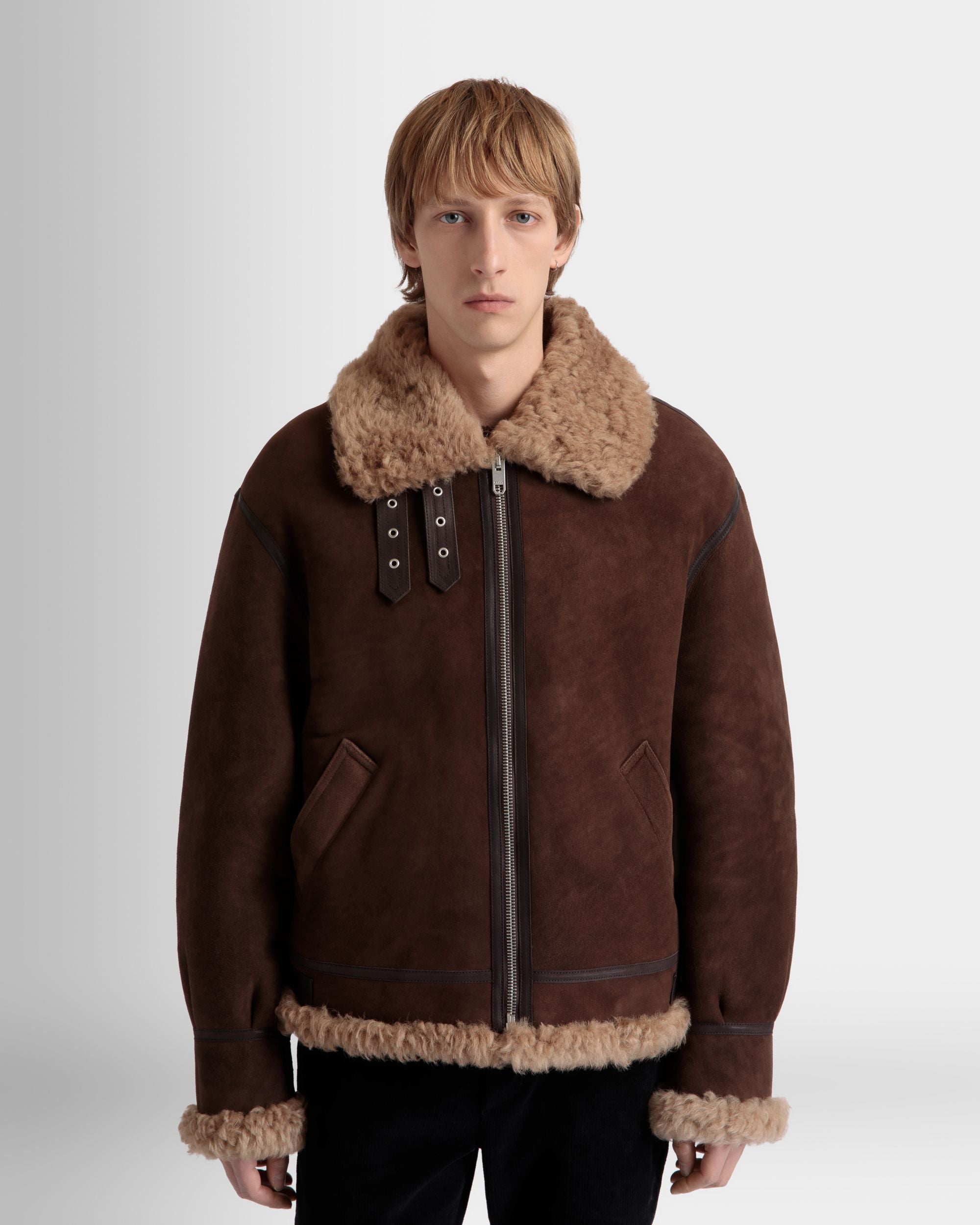 Blouson Aviateur En Mouton Retourné Marron Et Beige - Homme - Bally - 03