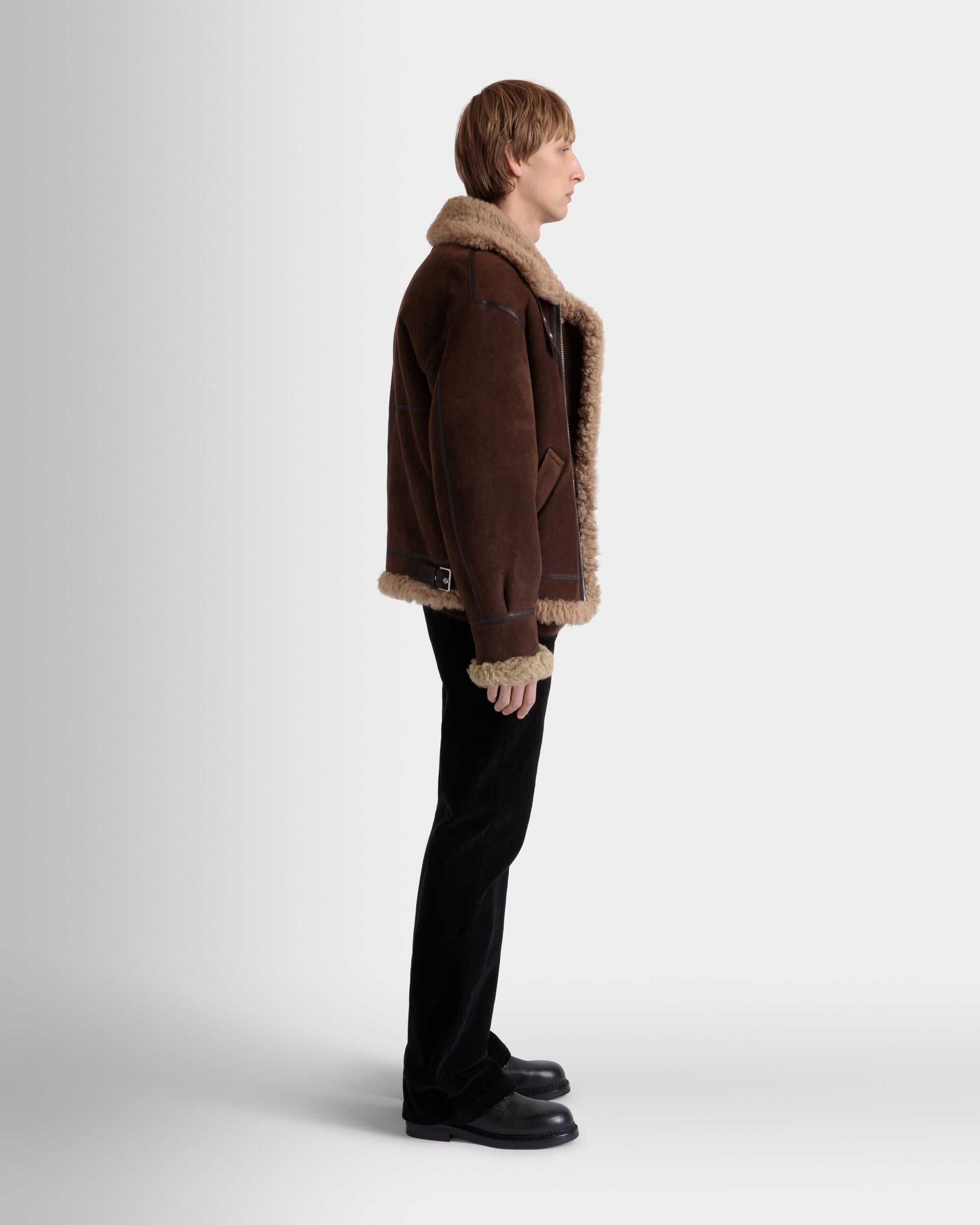 Blouson Aviateur En Mouton Retourné Marron Et Beige - Homme - Bally - 05