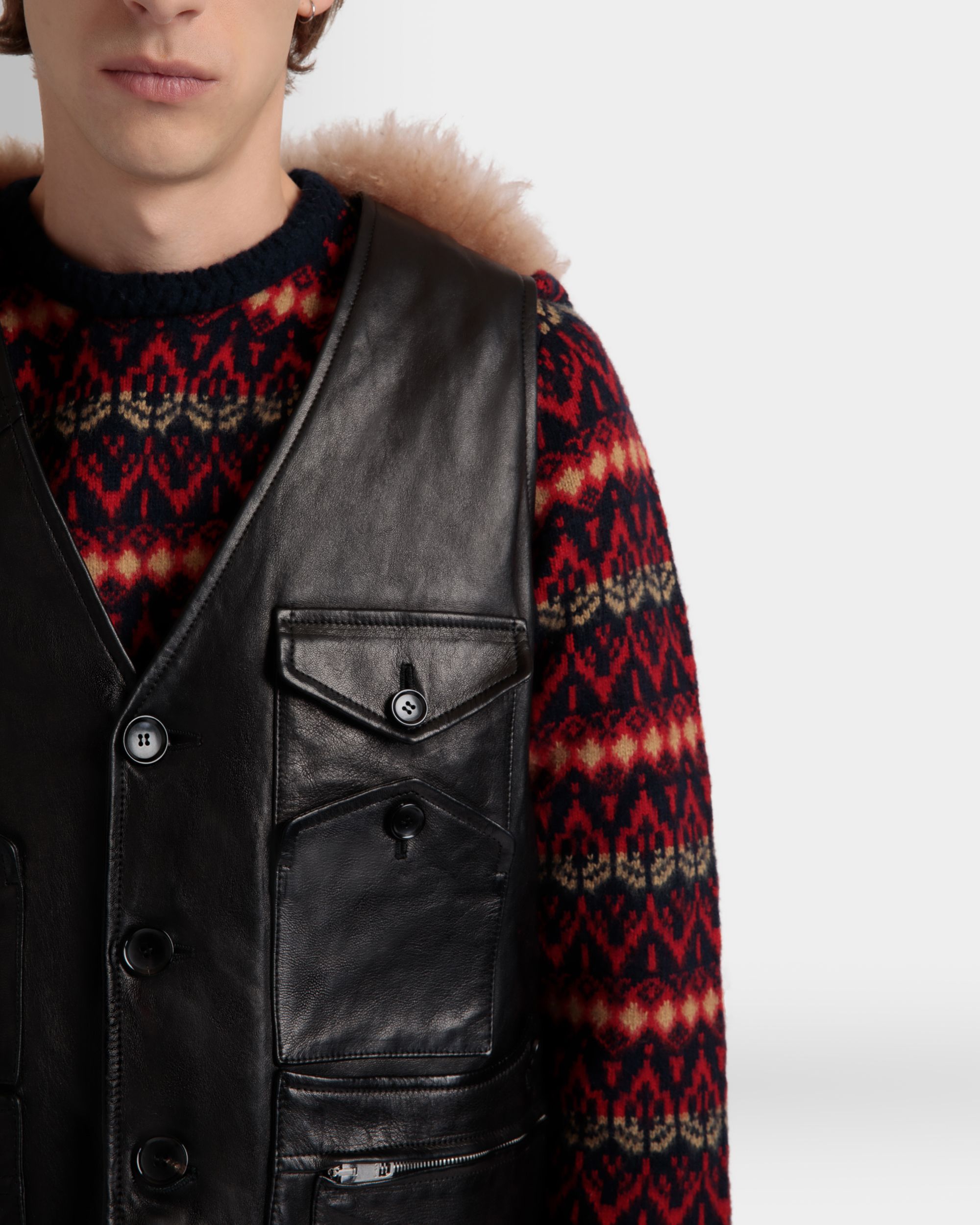 Gilet En Cuir Noir Avec Insertion En Mouton Retourné - Homme - Bally - 08