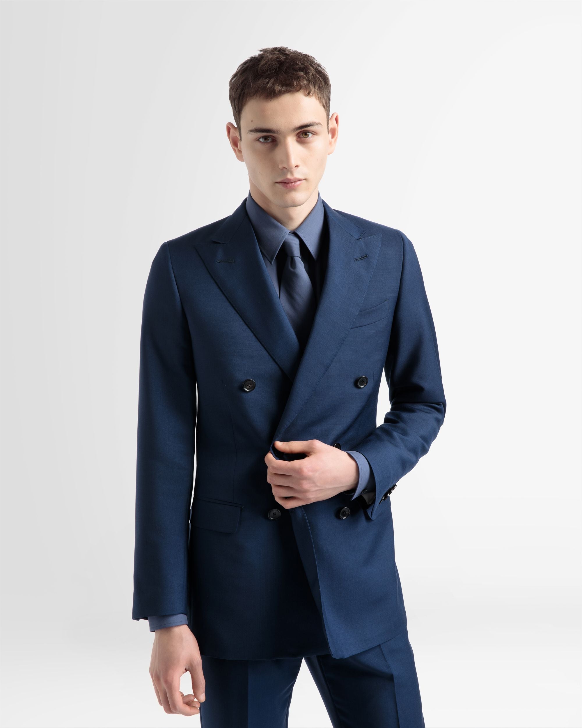 Wool Mix Double Breasted Jacket In Navy - Men's - Bally - 02