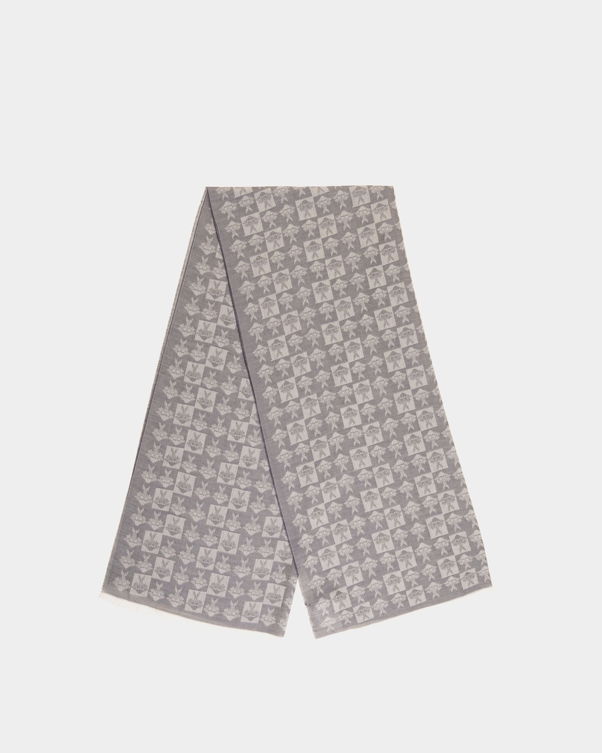 Scarf with an Allover Crest Print in Navy Blue Silk and Cashmere - Herren - Bally - 01