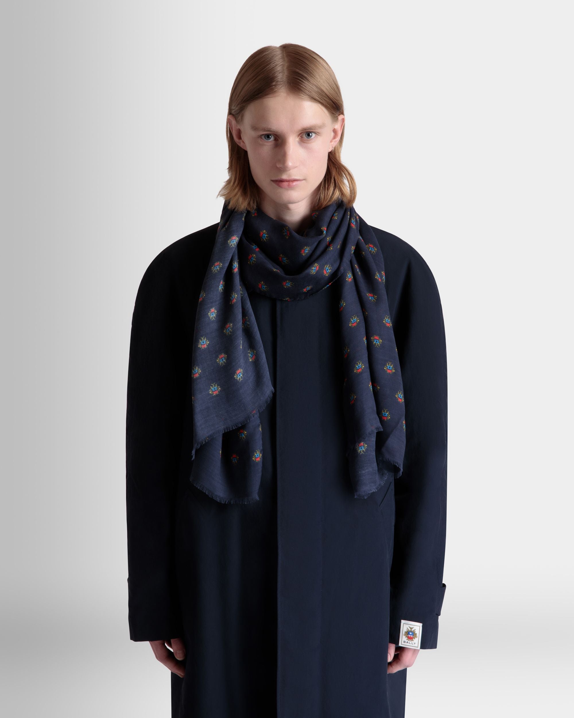 Scarf With an Allover Bally Crest Print in Navy Blue Modal And Cashmere - Men's - Bally - 02