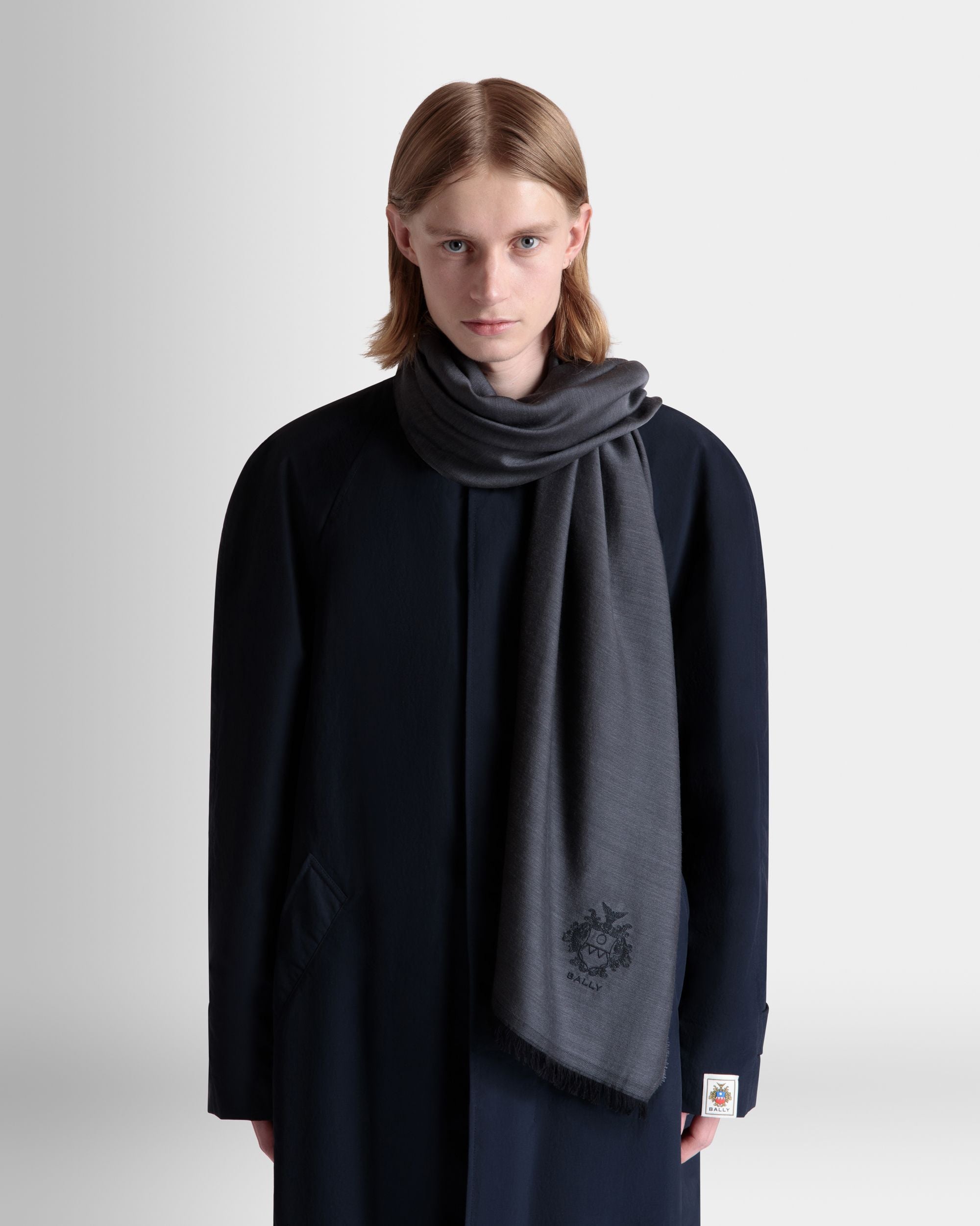 Scarf With a Bally Crest in Dark Grey Silk And Cashmere - Men's - Bally - 02