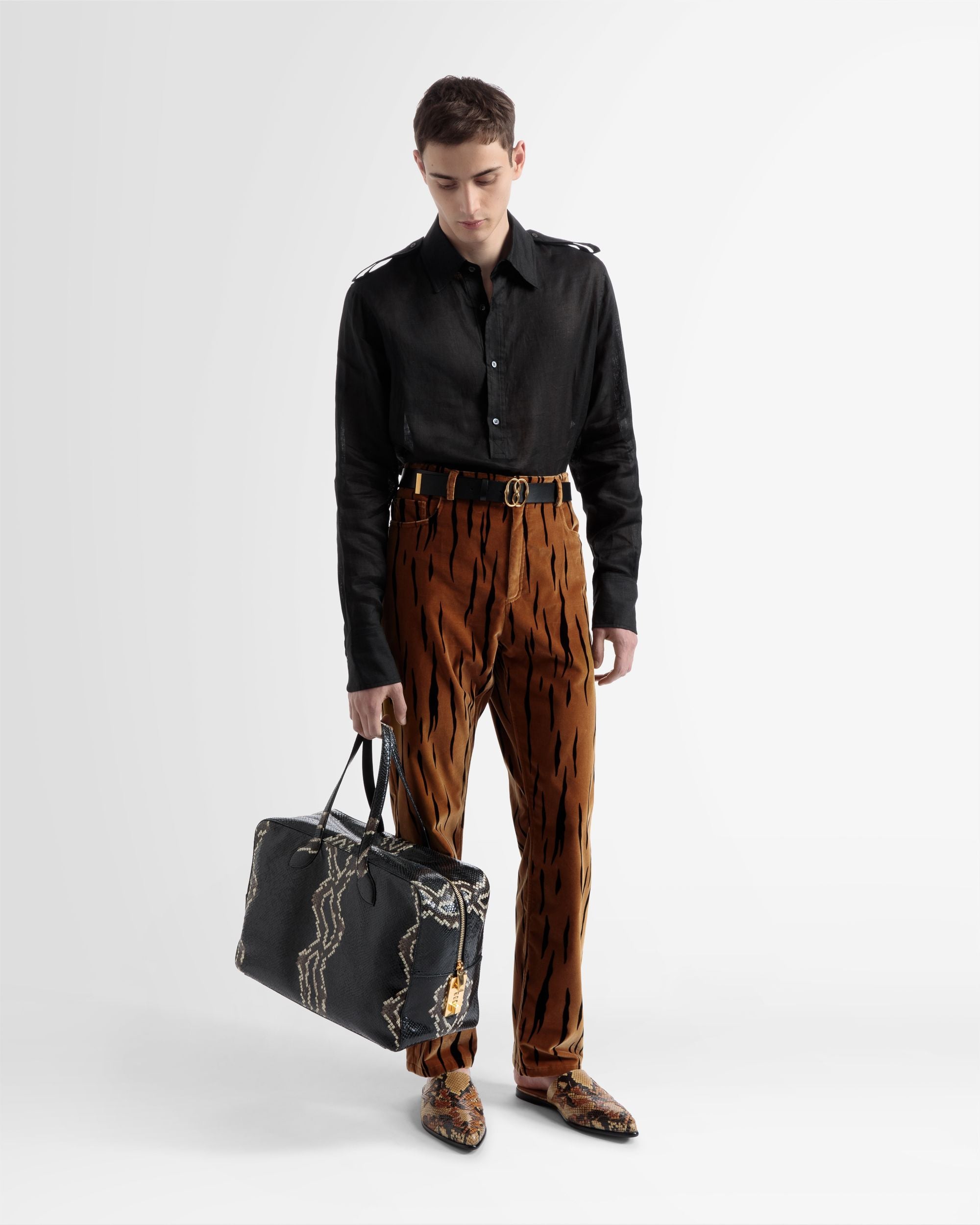 Half Button Shirt In Black Linen - Men's - Bally - 01
