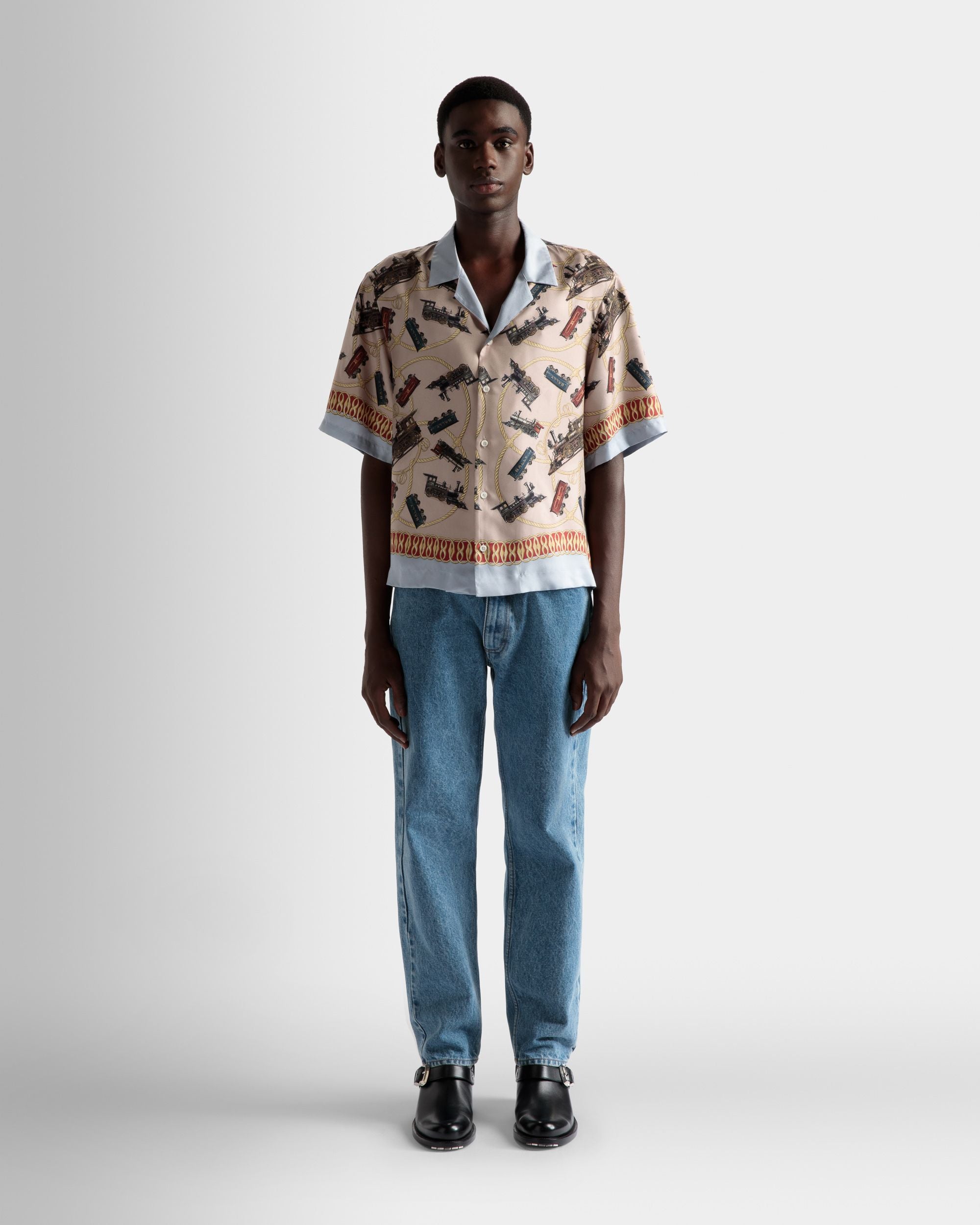 Train Print Camp Collar Shirt In Multicolor Silk - Men's - Bally - 02
