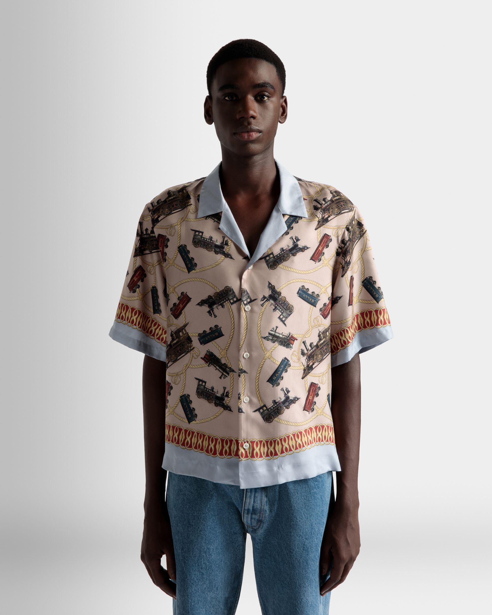 Train Print Camp Collar Shirt In Multicolor Silk - Men's - Bally - 03